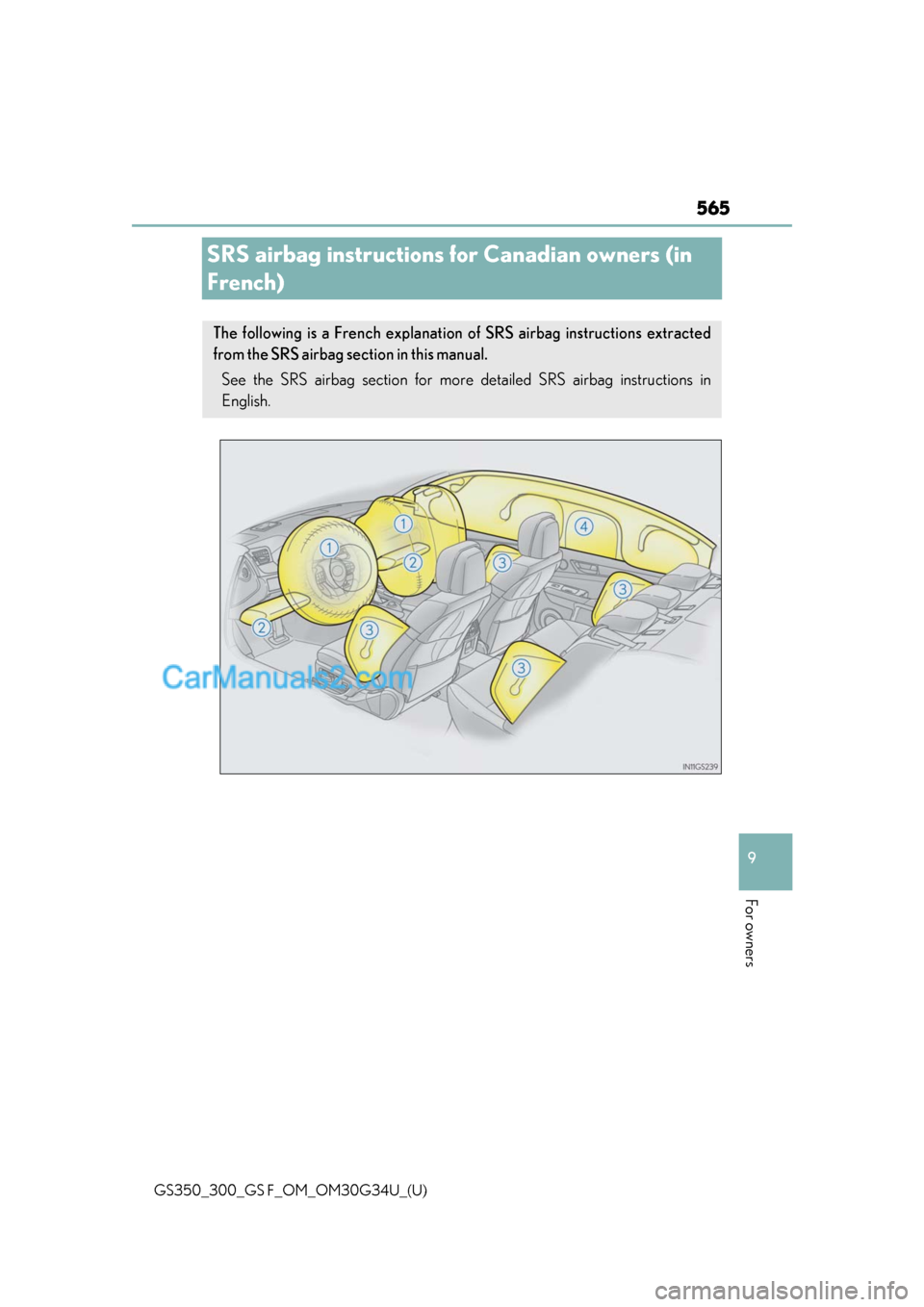 Lexus GS F 2018 Owners Manuals 565
GS350_300_GS F_OM_OM30G34U_(U)
9
For owners
SRS airbag instructions for Canadian owners (in
French)
The following is a French explanation of SRS airbag instructions extracted
from the SRS airbag Lexus GS F 2018 Owners Manuals 565
GS350_300_GS F_OM_OM30G34U_(U)
9
For owners
SRS airbag instructions for Canadian owners (in
French)
The following is a French explanation of SRS airbag instructions extracted
from the SRS airbag
