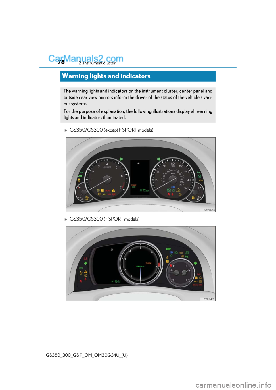 Lexus GS F 2018 Owners Manuals 78
GS350_300_GS F_OM_OM30G34U_(U)2. Instrument cluster
Warning lights and indicators
GS350/GS300 (except F SPORT models)
GS350/GS300 (F SPORT models)
The warning lights and indicators on the ins Lexus GS F 2018 Owners Manuals 78
GS350_300_GS F_OM_OM30G34U_(U)2. Instrument cluster
Warning lights and indicators
GS350/GS300 (except F SPORT models)
GS350/GS300 (F SPORT models)
The warning lights and indicators on the ins