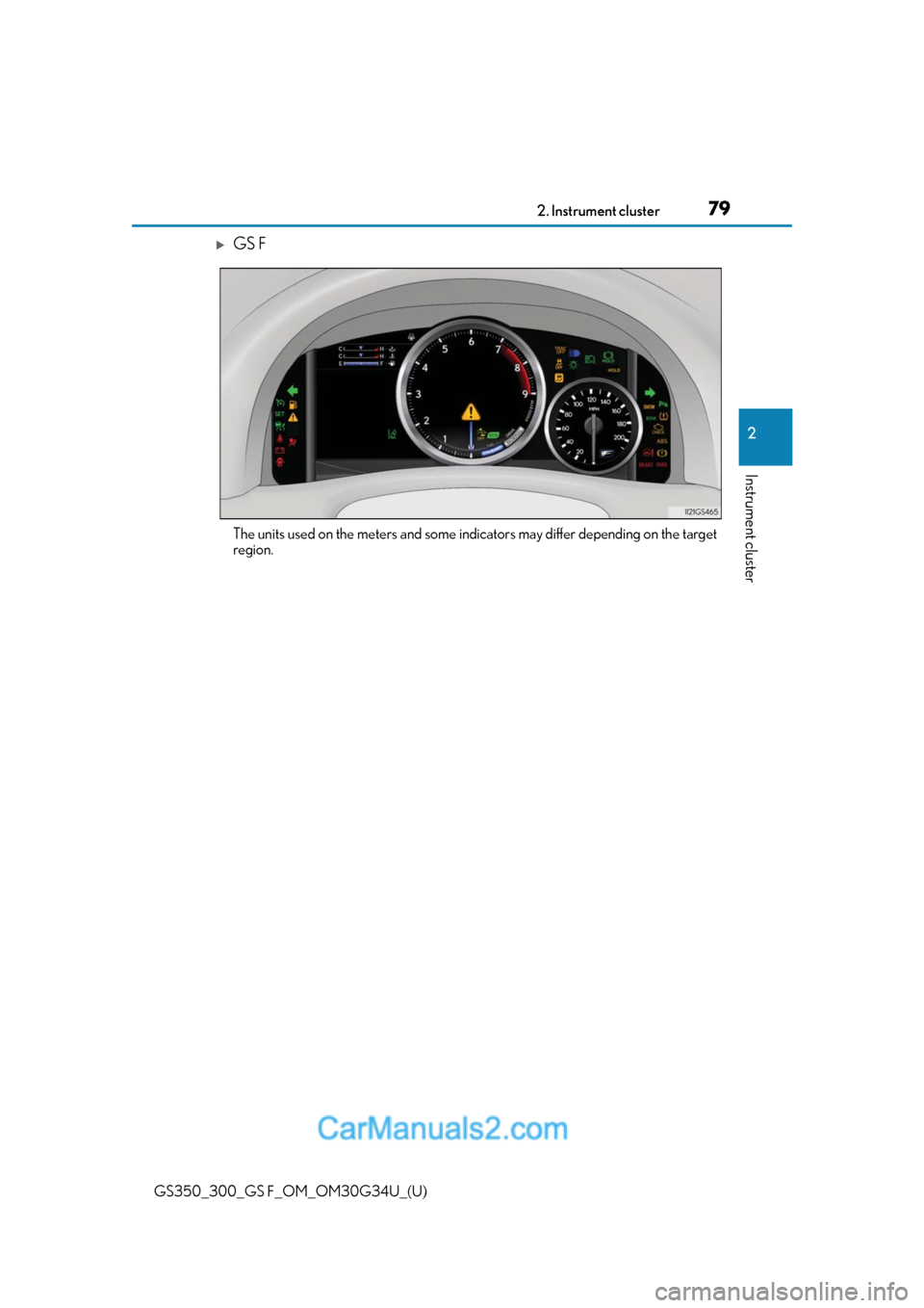 Lexus GS F 2018 s Manual PDF GS350_300_GS F_OM_OM30G34U_(U)
792. Instrument cluster
2
Instrument cluster
GS F
The units used on the meters and some indicators may differ depending on the target
region. Lexus GS F 2018 s Manual PDF GS350_300_GS F_OM_OM30G34U_(U)
792. Instrument cluster
2
Instrument cluster
GS F
The units used on the meters and some indicators may differ depending on the target
region.