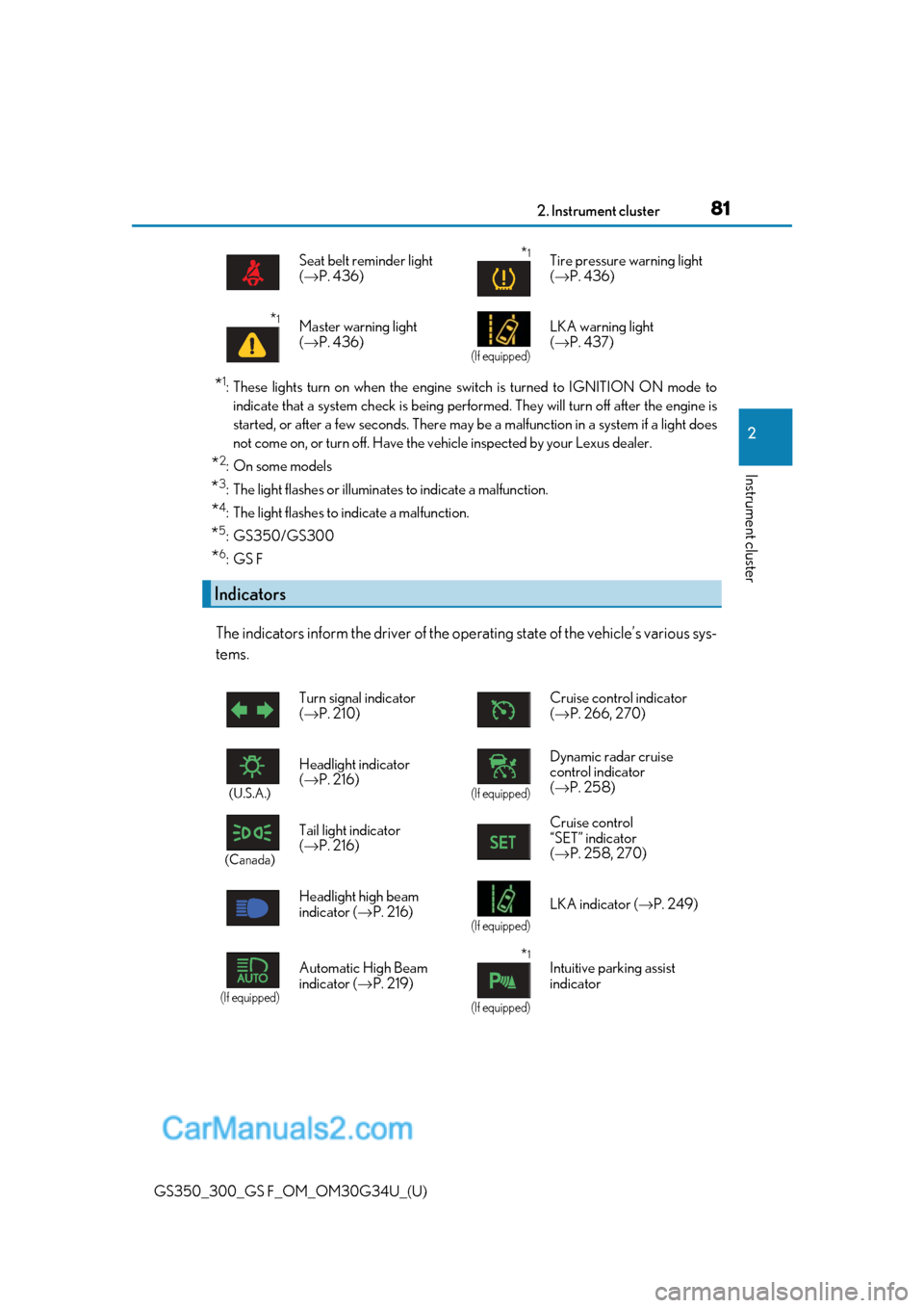 Lexus GS F 2018  Owners Manuals GS350_300_GS F_OM_OM30G34U_(U)
812. Instrument cluster
2
Instrument cluster
*1: These lights turn on when the engine switch is turned to IGNITION ON mode toindicate that a system check is being perfor