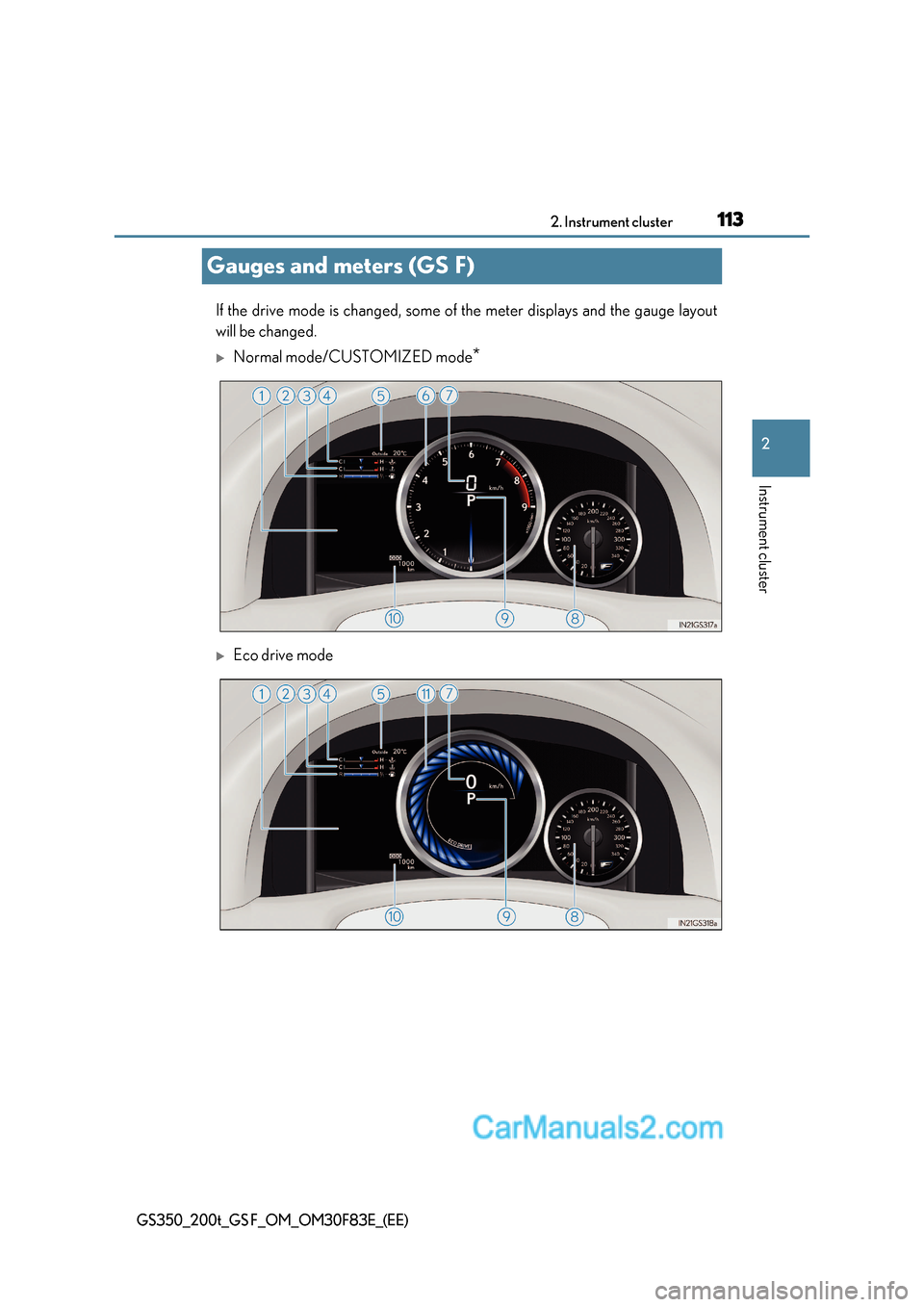 Lexus GS F 2017  Owners Manual 113
2
2. Instrument cluster
Instrument cluster
GS350_200t_GS F_OM_OM30F83E_(EE)
Gauges and meters (GS F)
If the drive mode is changed, some of the meter displays and the gauge layout
will be changed.
