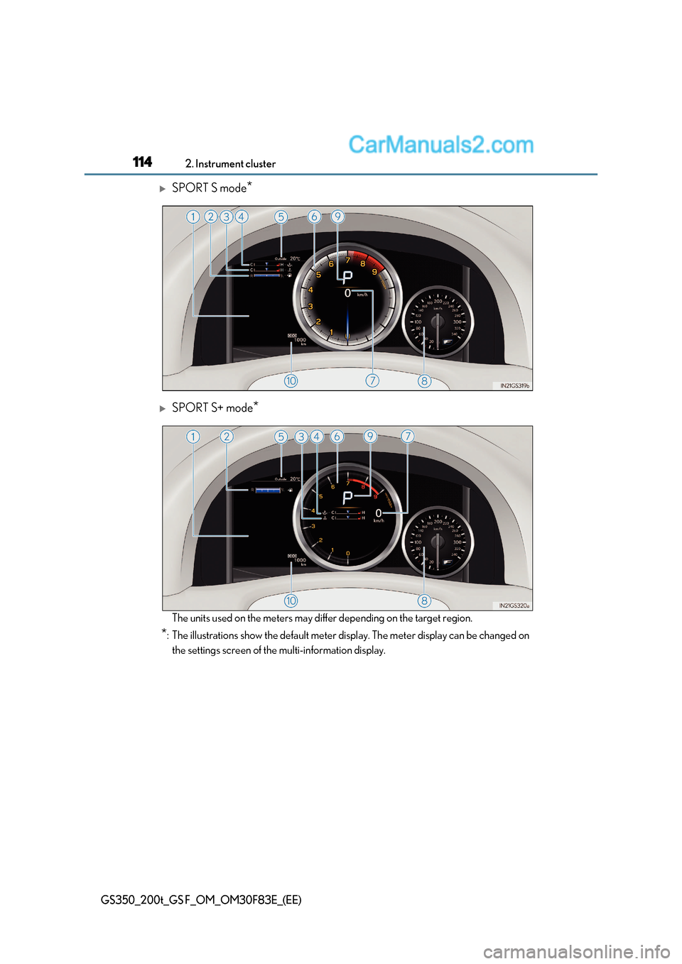 Lexus GS F 2017  Owners Manual 1142. Instrument cluster
GS350_200t_GS F_OM_OM30F83E_(EE)
SPORT S mode *
SPORT S+ mode *
The units used on the meters may differ depending on the target region.
* : The illustrations show the de