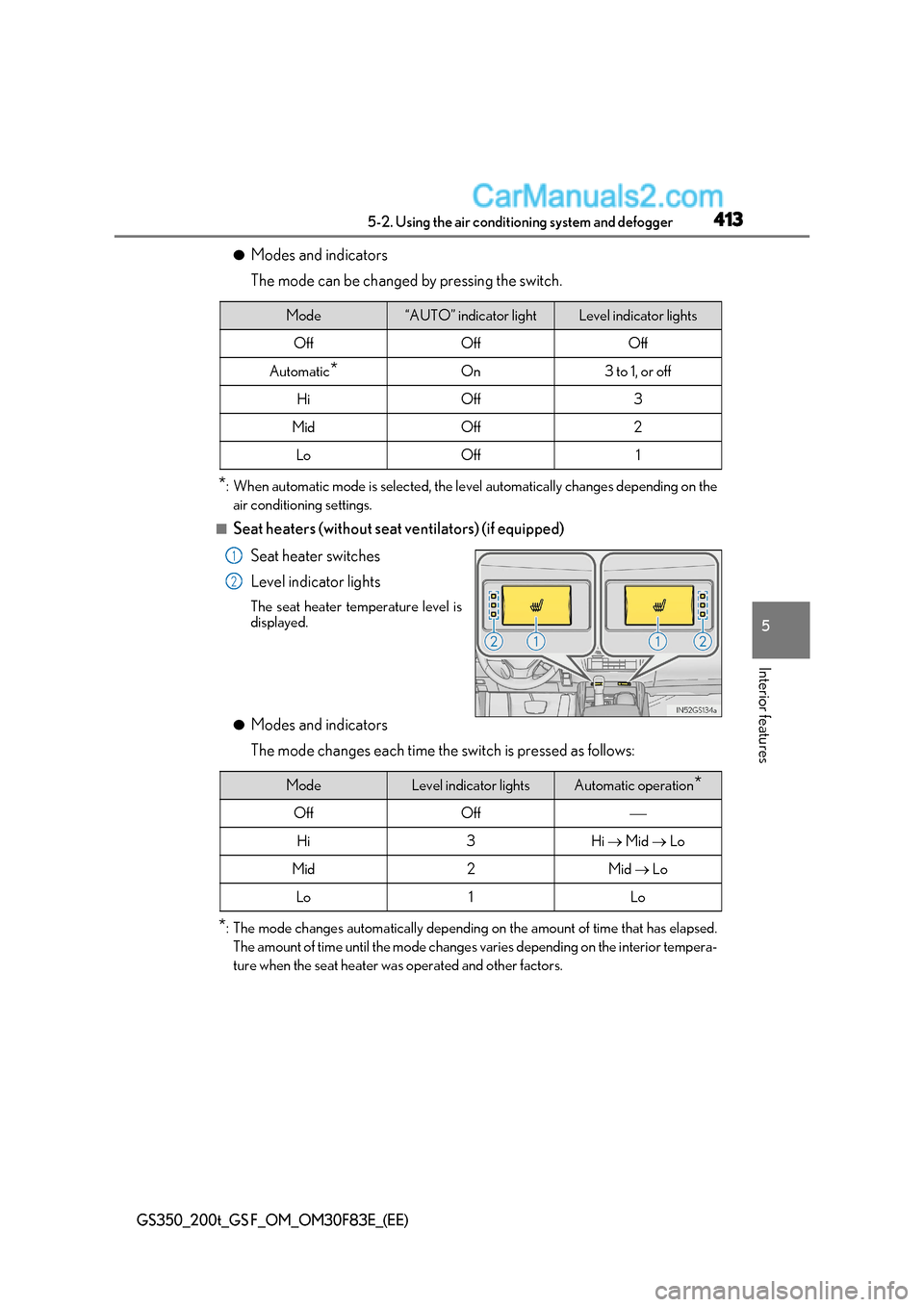 Lexus GS F 2017  Owners Manual 413
5-2. Using the air conditioning system and defogger
5
Interior features
GS350_200t_GS F_OM_OM30F83E_(EE)
● Modes and indicators 
The mode can be changed by pressing the switch.
* : When automati