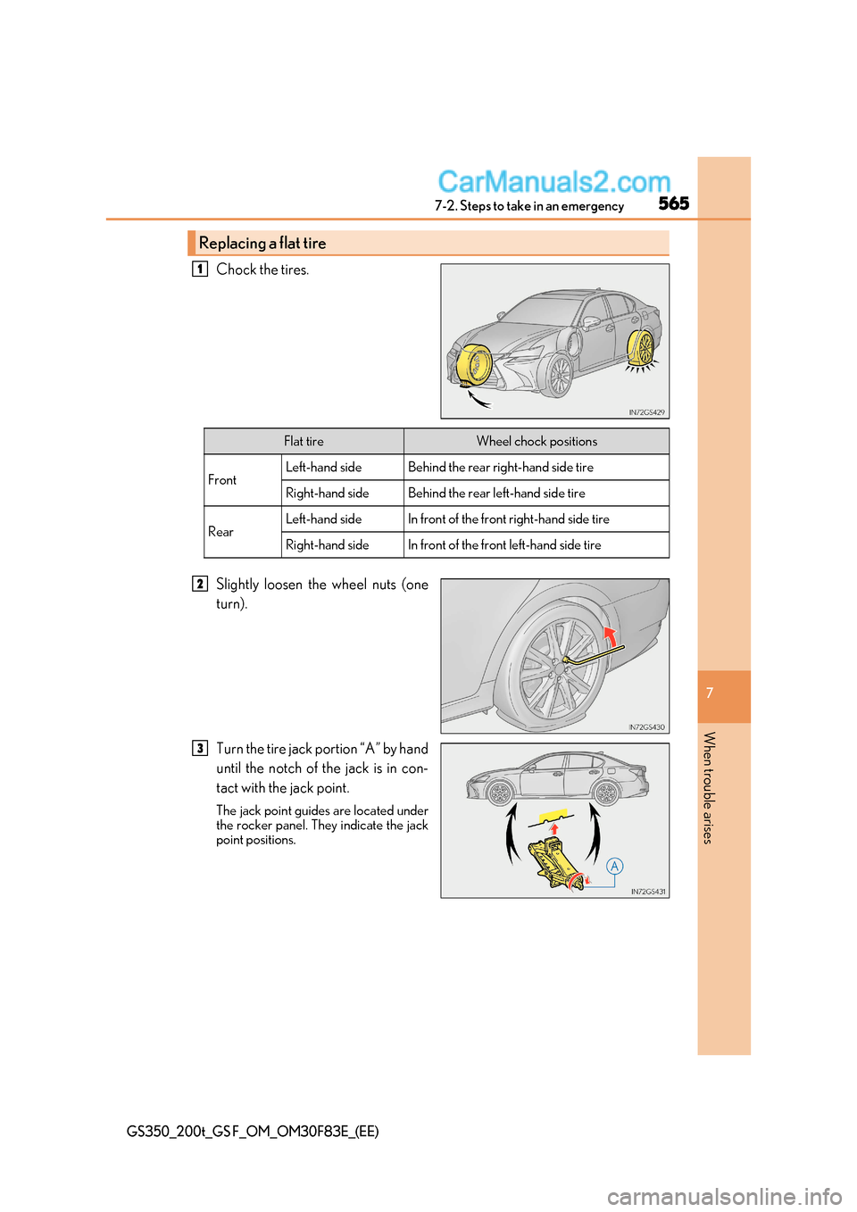 Lexus GS F 2017  Owners Manual 565
7-2. Steps to take in an emergency
7
When trouble arises
GS350_200t_GS F_OM_OM30F83E_(EE)
Chock the tires. 
Slightly loosen the wheel nuts (one 
turn). 
Turn the tire jack portion “A” by hand 