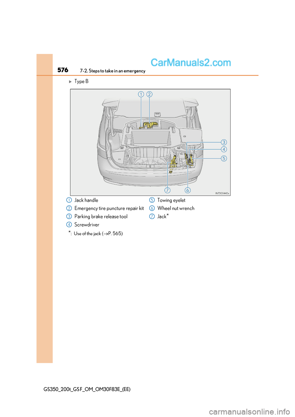 Lexus GS F 2017  Owners Manual 5767-2. Steps to take in an emergency
GS350_200t_GS F_OM_OM30F83E_(EE)
Type B
* :  Use of the jack ( P. 565)
Jack handle 
Emergency tire puncture repair kit 
Parking brake release tool 
Screwdri