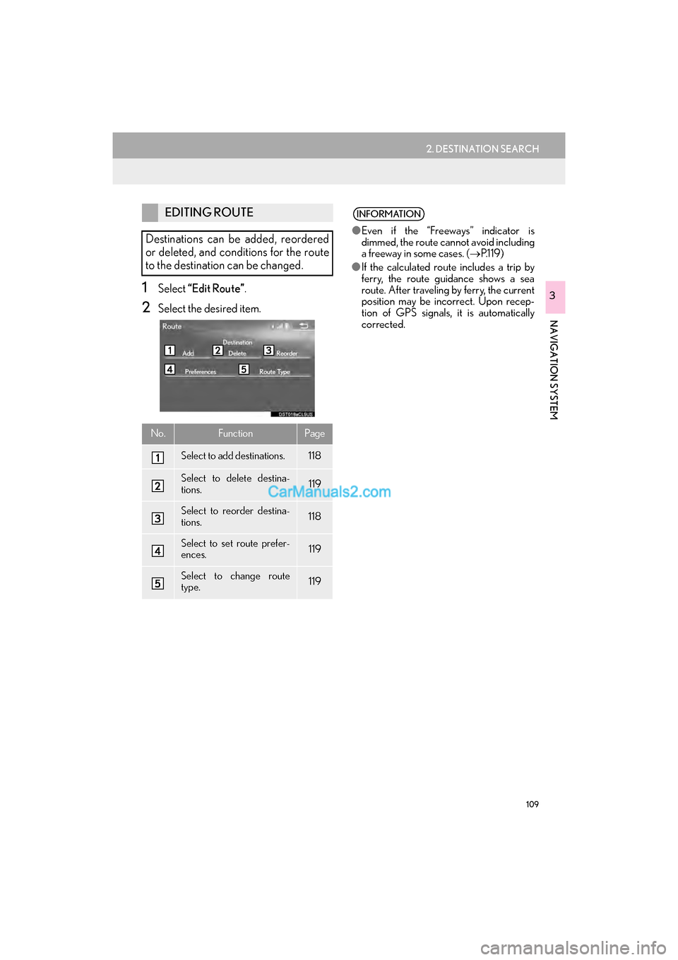 Lexus GS F 2017  Navigation Manual 109
2. DESTINATION SEARCH
GS_Navi+MM_OM30F99U_(U)16.07.11     14:00
NAVIGATION SYSTEM
31Select “Edit Route” .
2Select the desired item.
EDITING ROUTE
Destinations can be added, reordered
or delete