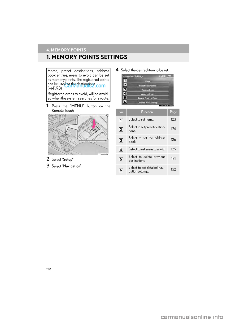 Lexus GS F 2017 Navigation Manual 122
GS_Navi+MM_OM30F99U_(U)16.07.11 14:00
4. MEMORY POINTS
1. MEMORY POINTS SETTINGS
1Press the “MENU” button on the
Remote Touch.
2Select “Setup” .
3Select “Navigation” .
4Select the Lexus GS F 2017 Navigation Manual 122
GS_Navi+MM_OM30F99U_(U)16.07.11 14:00
4. MEMORY POINTS
1. MEMORY POINTS SETTINGS
1Press the “MENU” button on the
Remote Touch.
2Select “Setup” .
3Select “Navigation” .
4Select the