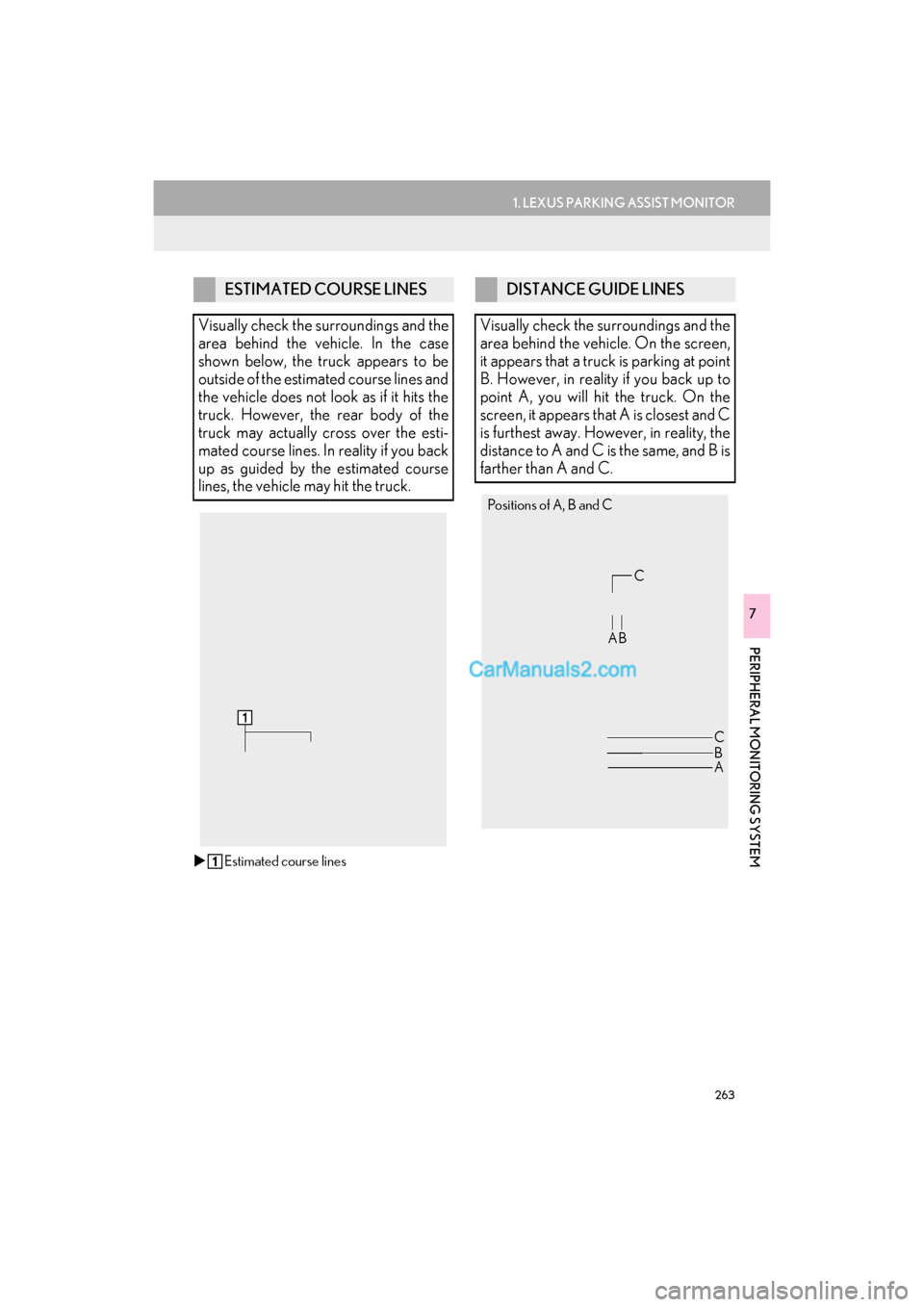 Lexus GS F 2017  Navigation Manual 263
1. LEXUS PARKING ASSIST MONITOR
GS_Navi+MM_OM30F99U_(U)16.07.11     14:00
PERIPHERAL MONITORING SYSTEM
7
�XEstimated course lines
ESTIMATED COURSE LINES
Visually check the surroundings and the
are