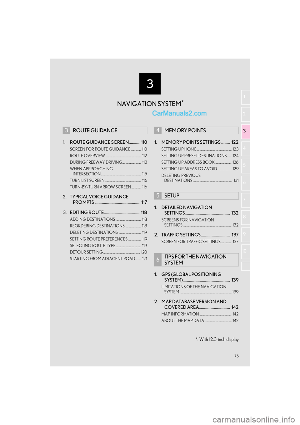Lexus GS F 2017 Navigation Manual 3
75
GS_Navi+MM_OM30F99U_(U)16.07.11 14:00
1
2
3 4
5
6
7
8 9
10
1. ROUTE GUIDANCE SCREEN ........... 110
SCREEN FOR ROUTE GUIDANCE ............. 110
ROUTE OVERVIEW .............................. Lexus GS F 2017 Navigation Manual 3
75
GS_Navi+MM_OM30F99U_(U)16.07.11 14:00
1
2
3 4
5
6
7
8 9
10
1. ROUTE GUIDANCE SCREEN ........... 110
SCREEN FOR ROUTE GUIDANCE ............. 110
ROUTE OVERVIEW ..............................
