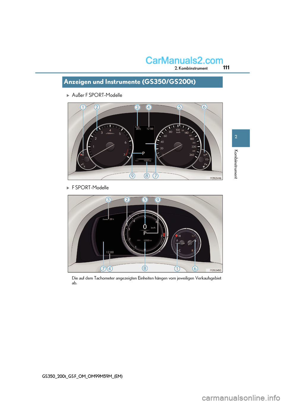 Lexus GS F 2017  Betriebsanleitung (in German) 111
2
2. Kombiinstrument
Kombiinstrument
GS350_200t_GS F_OM_OM99M59M_(EM)
Anzeigen und Instrumente (GS350/GS200t)
Außer F SPORT-Modelle
F SPORT-Modelle 
Die auf dem Tachometer angezeigten Einhe