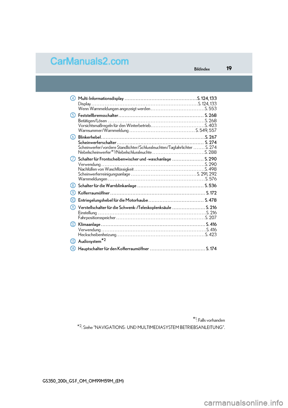 Lexus GS F 2017  Betriebsanleitung (in German) 19
Bildindex
GS350_200t_GS F_OM_OM99M59M_(EM)
Multi-Informationsdisplay  . . . . . . . . . . . . . . . . . . . . . . . . . . . . . . . . . . . . . . . . . . . . . .S. 12 4, 133
Display . . . . . . . .
