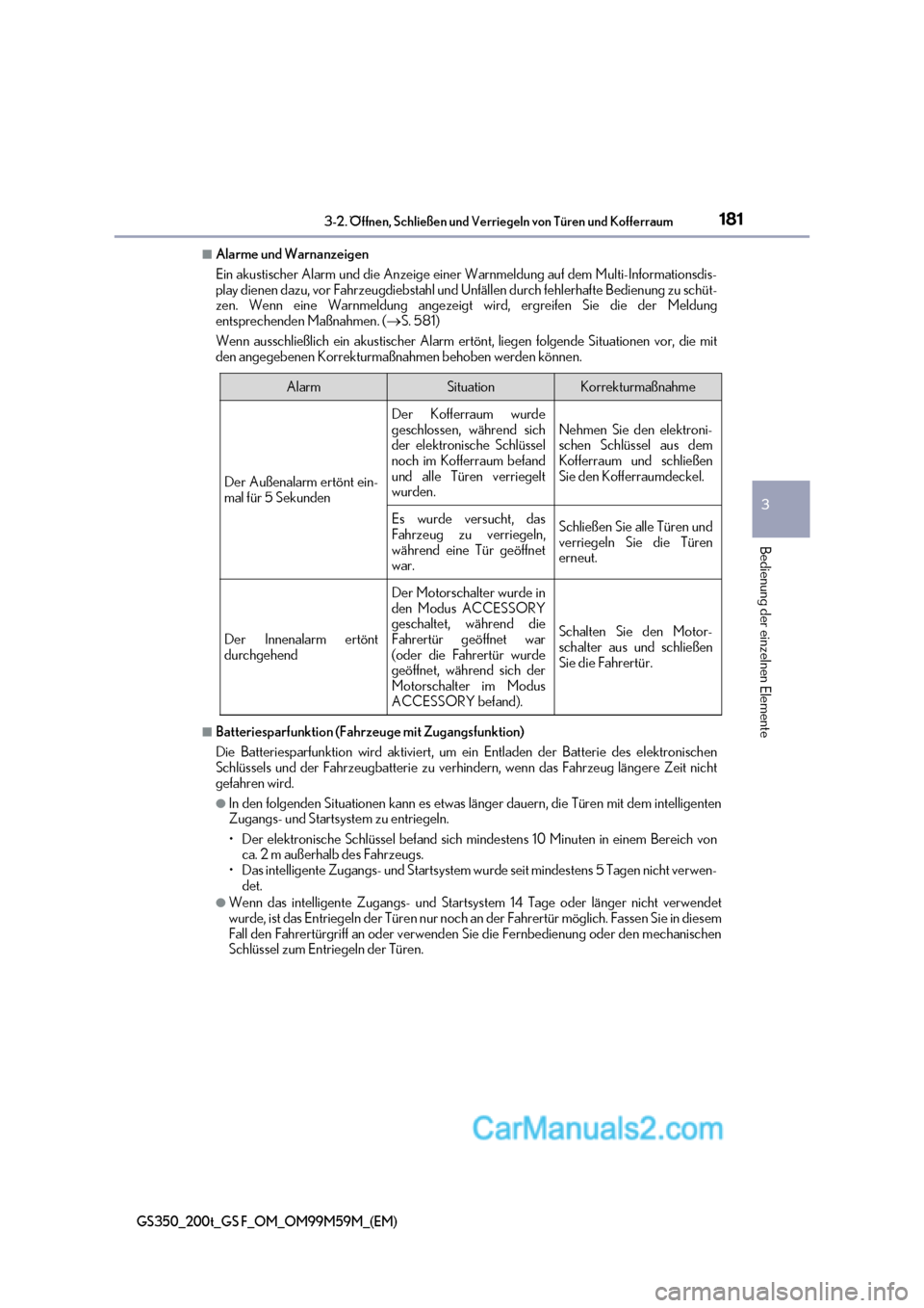 Lexus GS F 2017  Betriebsanleitung (in German) 181
3-2. Öffnen, Schließen und Verriegeln von Türen und Kofferraum
3
Bedienung der einzelnen Elemente
GS350_200t_GS F_OM_OM99M59M_(EM)
■Alarme und Warnanzeigen 
Ein akustischer Alarm und die Anze