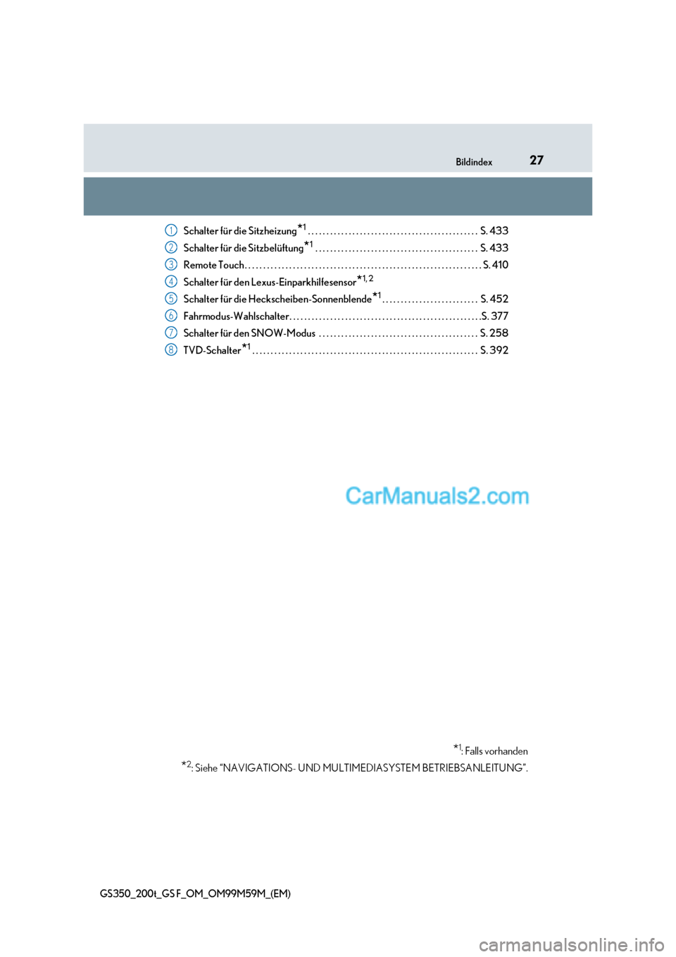 Lexus GS F 2017  Betriebsanleitung (in German) 27
Bildindex
GS350_200t_GS F_OM_OM99M59M_(EM)
Schalter für die Sitzheizung *1
 . . . . . . . . . . . . . . . . . . . . . . . . . . . . . . . . . . . . . . . . . . . . . .  S. 433
Schalter für die Si