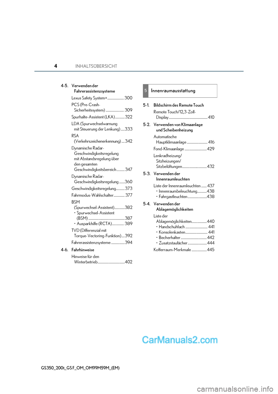 Lexus GS F 2017  Betriebsanleitung (in German) INHALTSÜBERSICHT4
GS350_200t_GS F_OM_OM99M59M_(EM)
4-5. Verwenden der Fahrerassistenzsysteme
Lexus Safety System+..................... 300 
PCS (Pre-Crash- Sicherheitssystem) ....................... 