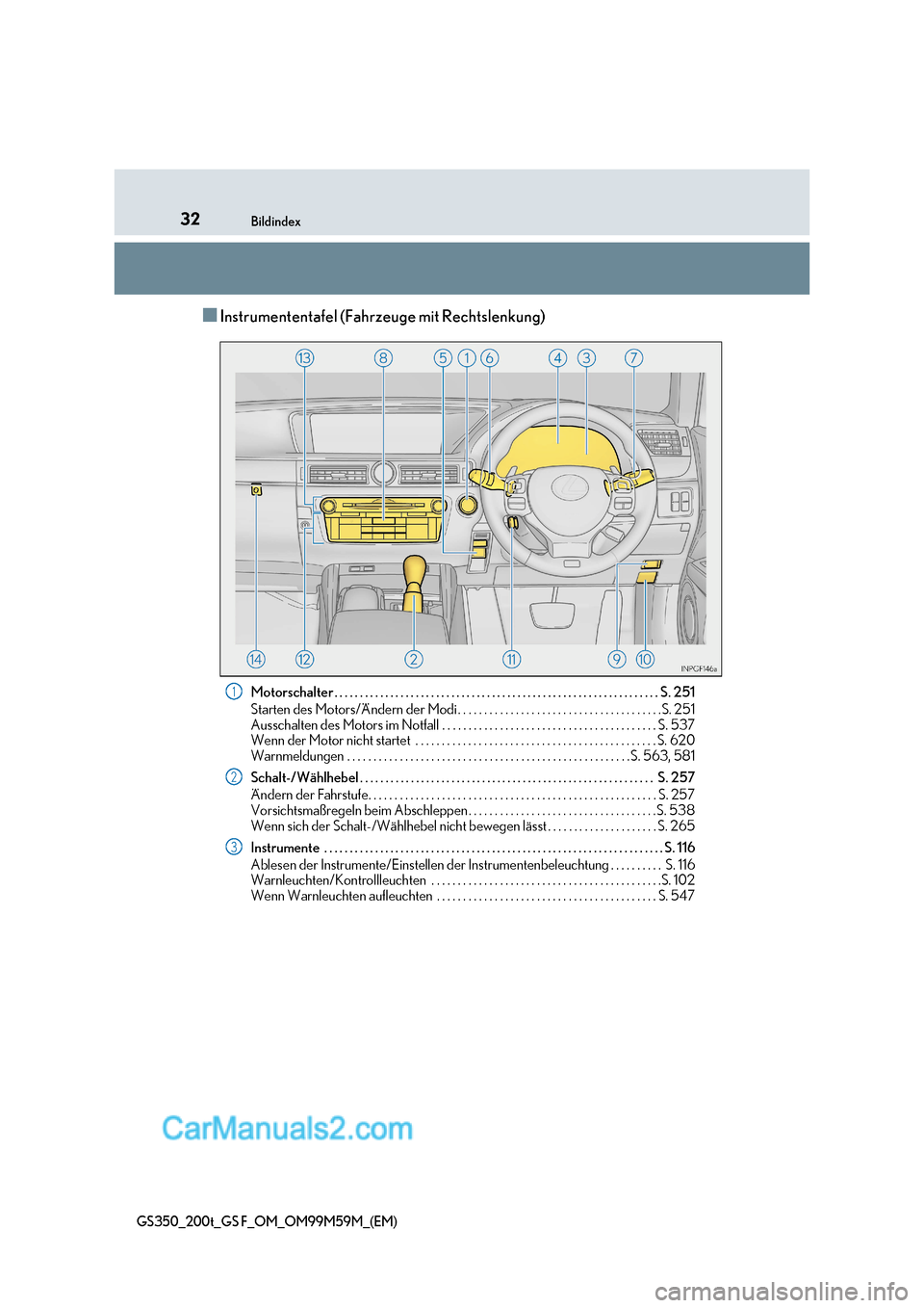 Lexus GS F 2017  Betriebsanleitung (in German) 32Bildindex
GS350_200t_GS F_OM_OM99M59M_(EM)
■Instrumententafel (Fahrzeuge mit Rechtslenkung)
Motorschalter . . . . . . . . . . . . . . . . . . . . . . . . . . . . . . . . . . . . . . . . . . . . . 
