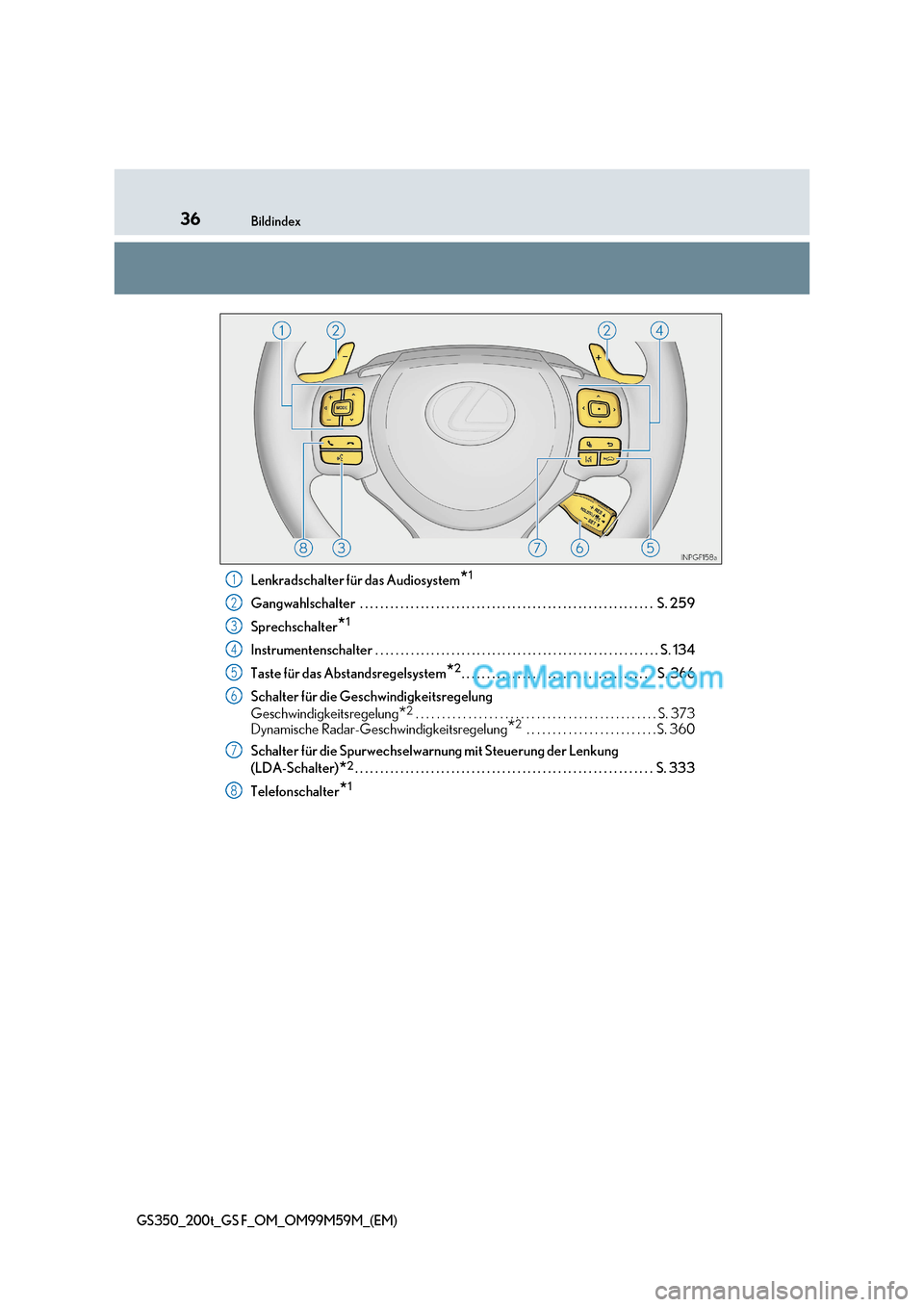 Lexus GS F 2017  Betriebsanleitung (in German) 36Bildindex
GS350_200t_GS F_OM_OM99M59M_(EM)
Lenkradschalter für das Audiosystem *1
Gangwahlschalter  . . . . . . . . . . . . . . . . . . . . . . . . . . . . . . . . . . . . . . . . . . . . . . . . .