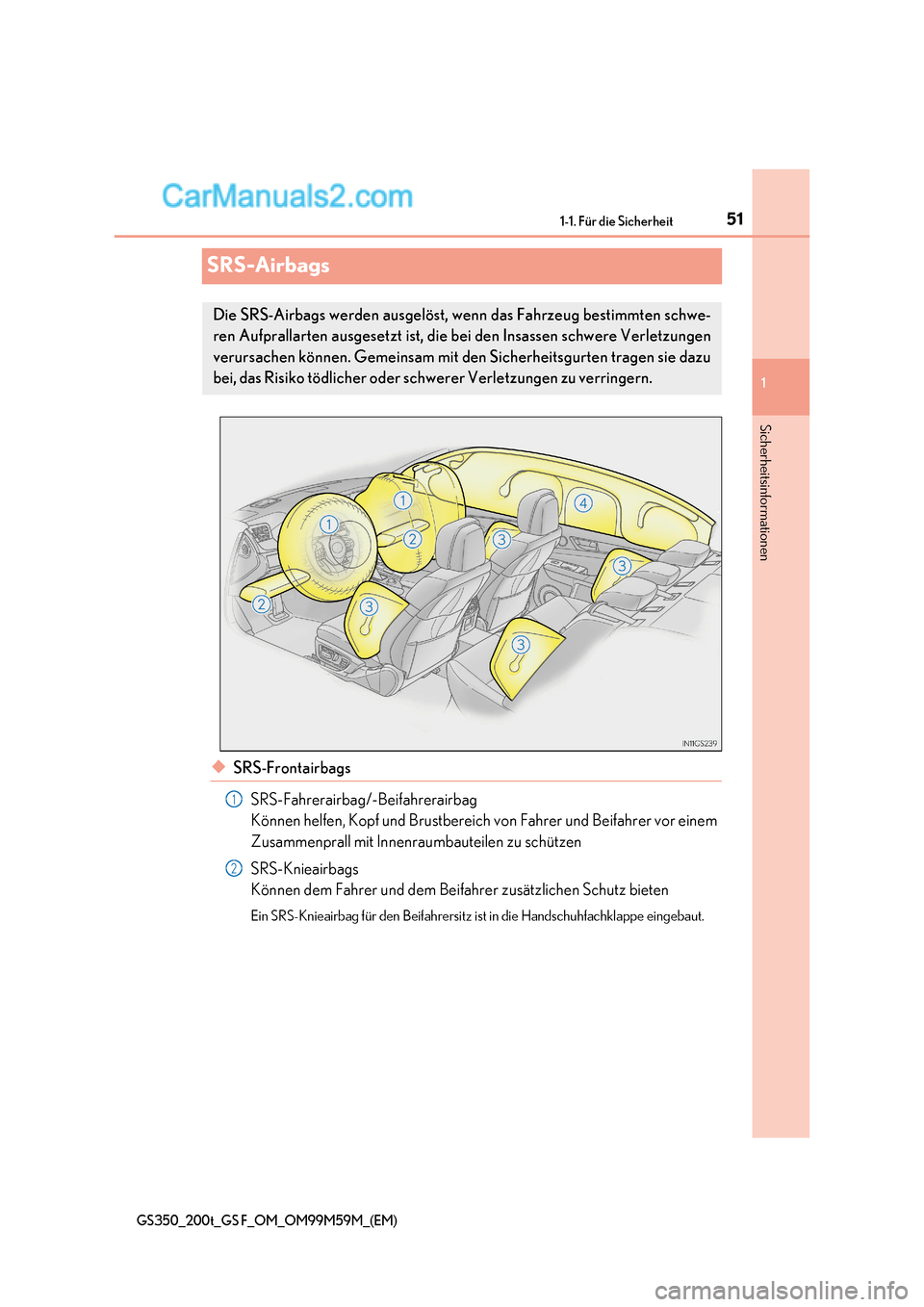 Lexus GS F 2017  Betriebsanleitung (in German) 51
1-1. Für die Sicherheit
1
GS350_200t_GS F_OM_OM99M59M_(EM)
Sicherheitsinformationen
SRS-Airbags
◆SRS-Frontairbags
SRS-Fahrerairbag/-Beifahrerairbag  
Können helfen, Kopf und Brustbereich von Fa
