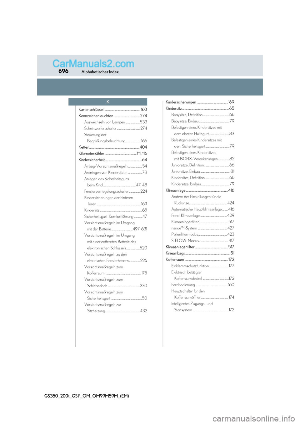 Lexus GS F 2017  Betriebsanleitung (in German) 696Alphabetischer Index
GS350_200t_GS F_OM_OM99M59M_(EM)
Kartenschlüssel................................................ 160 
Kennzeichenleuchten .................................. 274
Auswechseln vo