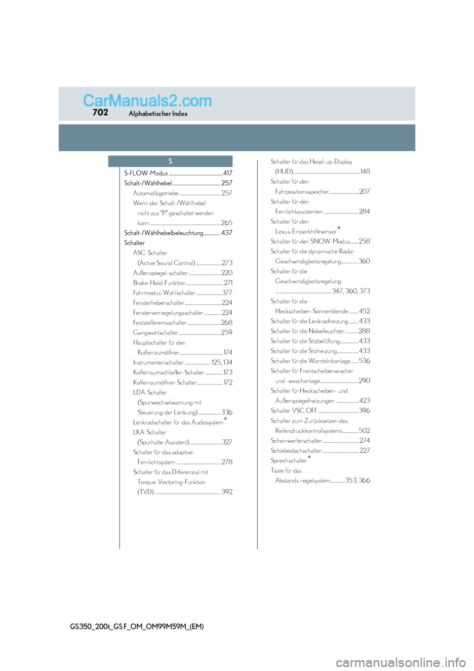 Lexus GS F 2017  Betriebsanleitung (in German) 702Alphabetischer Index
GS350_200t_GS F_OM_OM99M59M_(EM)
S-FLOW-Modus .............................................417 
Schalt-/Wählhebel ........................................ 257
Automatikgetrieb