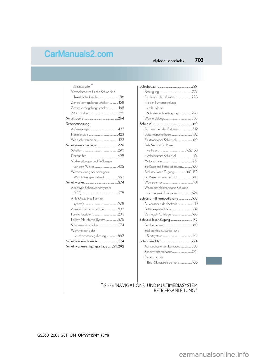 Lexus GS F 2017  Betriebsanleitung (in German) 703
Alphabetischer Index
GS350_200t_GS F_OM_OM99M59M_(EM)
Telefonschalter *
Verstellschalter für die Schwenk-/
Teleskoplenksäule.................................... 216
Zentralverriegelungsschalter 