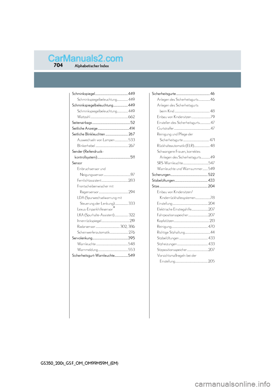 Lexus GS F 2017  Betriebsanleitung (in German) 704Alphabetischer Index
GS350_200t_GS F_OM_OM99M59M_(EM)
Schminkspiegel............................................... 449
Schminkspiegelbeleuchtung................. 449
Schminkspiegelbeleuchtung.....
