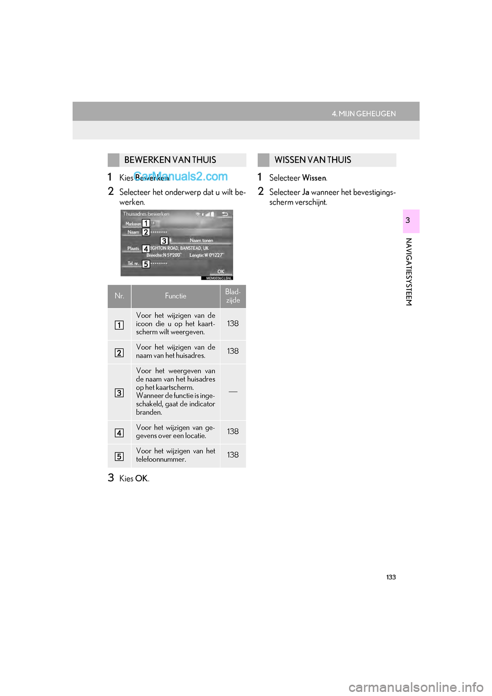 Lexus GS F 2017 Navigation handleiding (in Dutch) 133
4. MIJN GEHEUGEN
GS_Navi+MM_OM30G25E_(EE)
16.11.24 15:38
NAVIGATIESYSTEEM
3
1Kies Bewerken .
2Selecteer het onderwerp dat u wilt be-
werken.
3Kies OK.
1Selecteer Wissen.
2Selecteer Ja wannee Lexus GS F 2017 Navigation handleiding (in Dutch) 133
4. MIJN GEHEUGEN
GS_Navi+MM_OM30G25E_(EE)
16.11.24 15:38
NAVIGATIESYSTEEM
3
1Kies Bewerken .
2Selecteer het onderwerp dat u wilt be-
werken.
3Kies OK.
1Selecteer Wissen.
2Selecteer Ja wannee