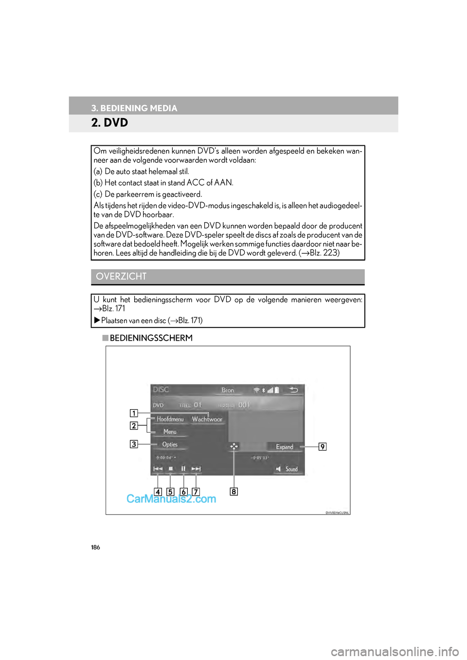 Lexus GS F 2017 Navigation handleiding (in Dutch) 186
3. BEDIENING MEDIA
GS_Navi+MM_OM30G25E_(EE)
16.11.24 15:38
2. DVD
■BEDIENINGSSCHERM
Om veiligheidsredenen kunnen DVDs all
een worden afgespeeld en bekeken wan-
neer aan de volgende voorwaar Lexus GS F 2017 Navigation handleiding (in Dutch) 186
3. BEDIENING MEDIA
GS_Navi+MM_OM30G25E_(EE)
16.11.24 15:38
2. DVD
■BEDIENINGSSCHERM
Om veiligheidsredenen kunnen DVDs all
een worden afgespeeld en bekeken wan-
neer aan de volgende voorwaar