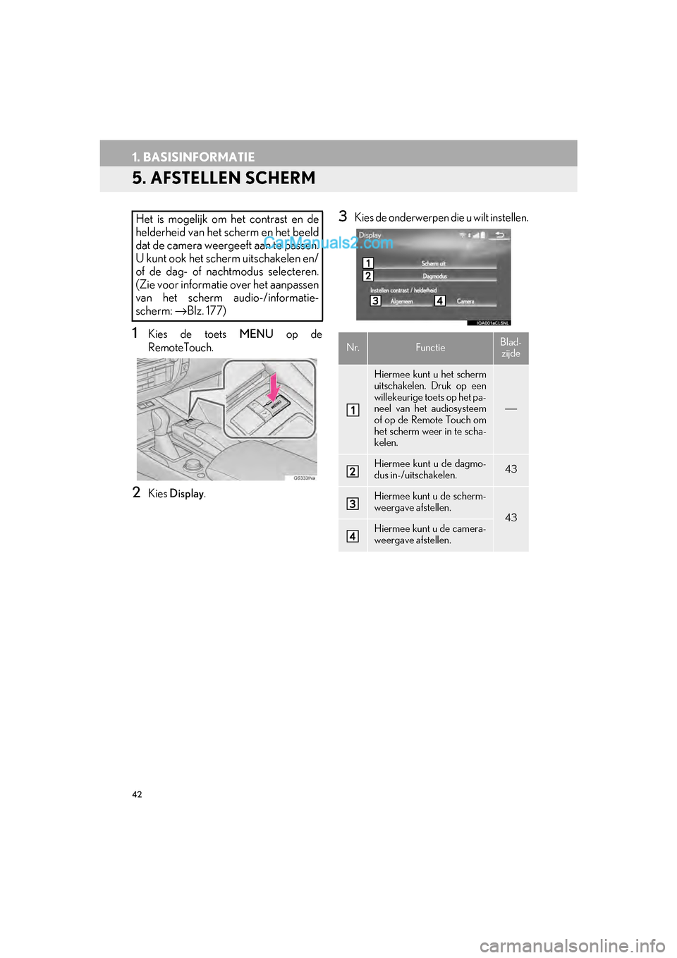 Lexus GS F 2017 Navigation handleiding (in Dutch) 42
1. BASISINFORMATIE
GS_Navi+MM_OM30G25E_(EE)
16.11.24 15:38
5. AFSTELLEN SCHERM
1Kies de toets MENU op de
RemoteTouch.
2Kies Display .
3Kies de onderwerpen die u wilt instellen.Het is mogelijk Lexus GS F 2017 Navigation handleiding (in Dutch) 42
1. BASISINFORMATIE
GS_Navi+MM_OM30G25E_(EE)
16.11.24 15:38
5. AFSTELLEN SCHERM
1Kies de toets MENU op de
RemoteTouch.
2Kies Display .
3Kies de onderwerpen die u wilt instellen.Het is mogelijk