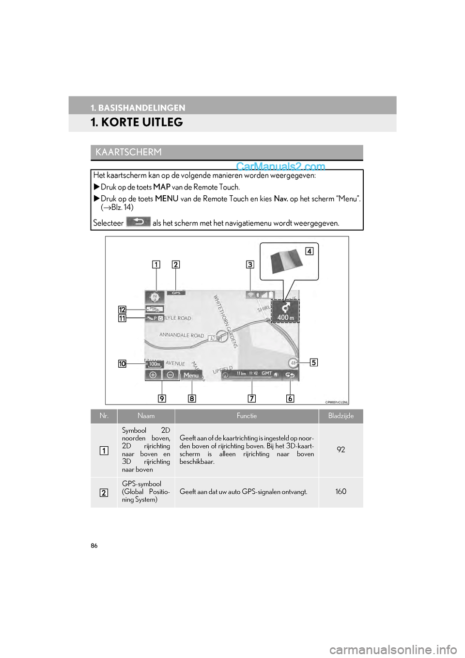 Lexus GS F 2017 Navigation handleiding (in Dutch) 86
GS_Navi+MM_OM30G25E_(EE)
16.11.24 15:38
1. BASISHANDELINGEN
1. KORTE UITLEG
KAARTSCHERM
Het kaartscherm kan op de volgende manieren worden weergegeven:
Druk op de toets MAP van de Remote To Lexus GS F 2017 Navigation handleiding (in Dutch) 86
GS_Navi+MM_OM30G25E_(EE)
16.11.24 15:38
1. BASISHANDELINGEN
1. KORTE UITLEG
KAARTSCHERM
Het kaartscherm kan op de volgende manieren worden weergegeven:
Druk op de toets MAP van de Remote To