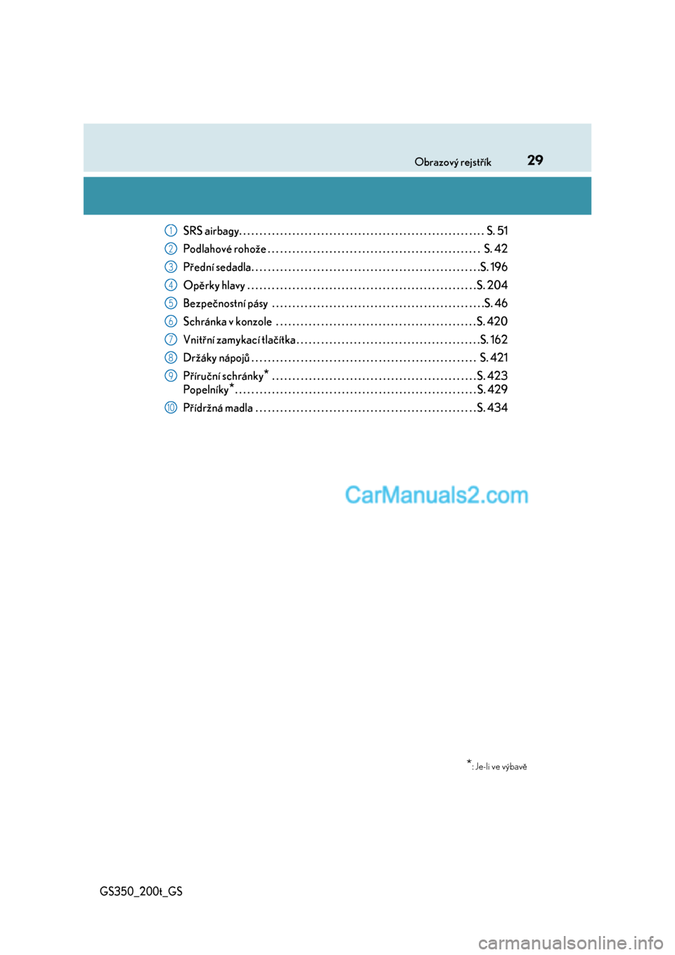 Lexus GS F 2017  Návod k obsluze (in Czech) 29Obrazový rejstřík
GS350_200t_GS
SRS airbagy. . . . . . . . . . . . . . . . . . . . . . . . . . . . . . . . . . . . . . . . . . . . . . . . . . . . . . . . . . . .  S. 51
Podlahové rohože . . . 