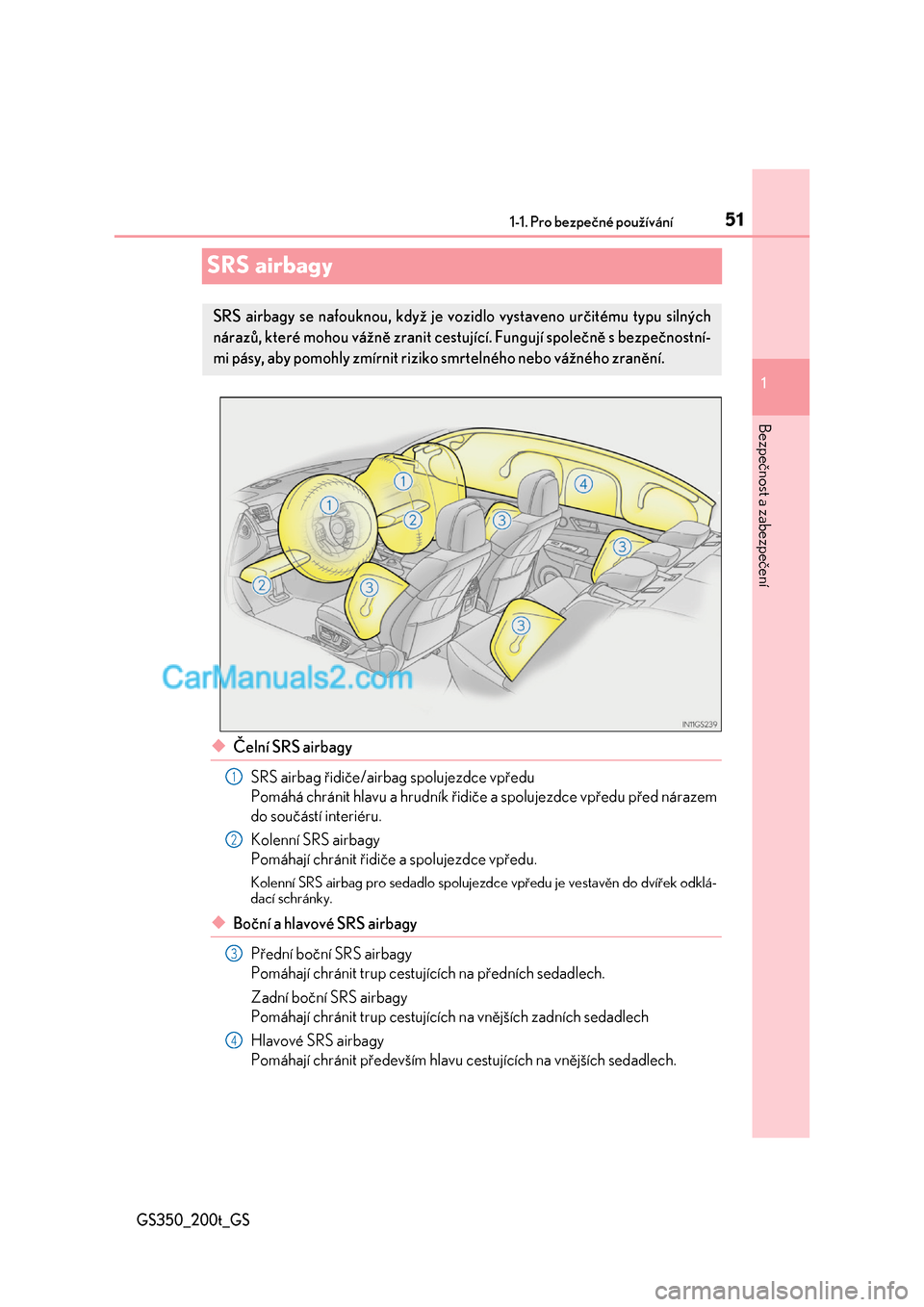 Lexus GS F 2017  Návod k obsluze (in Czech) 511-1. Pro bezpečné používání
1
GS350_200t_GS
Bezpečnost a zabezpečení
SRS airbagy
◆Čelní SRS airbagy 
SRS airbag řidiče/airbag spolujezdce vpředu 
Pomáhá chránit hlavu a hrudník �