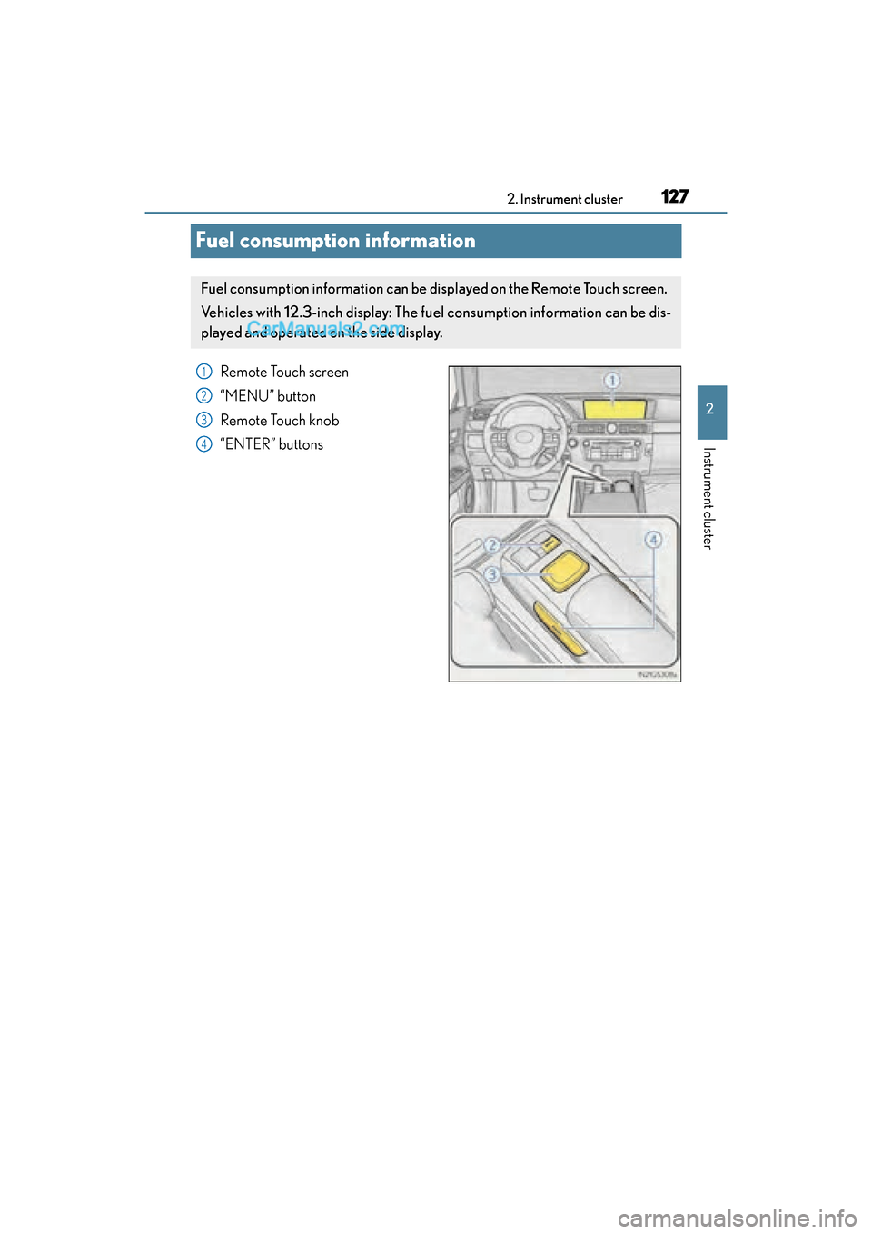 Lexus GS F 2016  Owners Manual 127
GS350_200t_GS F_OM_OM30E86U_(U)2. Instrument cluster
2
Instrument cluster
Fuel consumption information
Remote Touch screen
“MENU” button
Remote Touch knob
“ENTER” buttons
Fuel consumption 