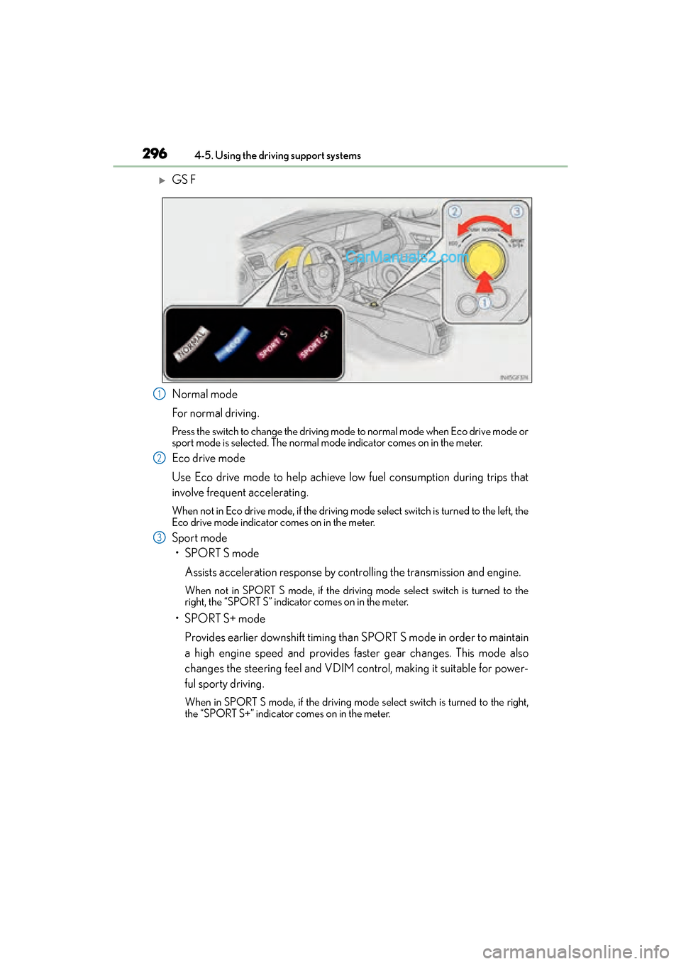 Lexus GS F 2016 Owners Guide 296
GS350_200t_GS F_OM_OM30E86U_(U)4-5. Using the driving support systems
�XGS F
Normal mode
For normal driving.
Press the switch to change the driving mode to normal mode when Eco drive mode or
sport