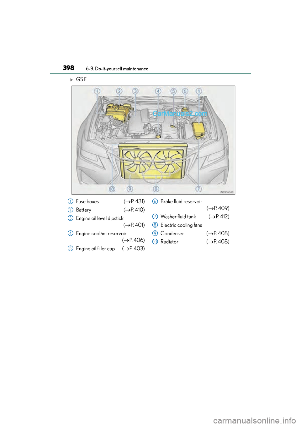 Lexus GS F 2016 User Guide 398
GS350_200t_GS F_OM_OM30E86U_(U)6-3. Do-it-yourself maintenance
�XGS F
Fuse boxes (
→P.  4 3 1 )
Battery (→ P.  4 1 0 )
Engine oil level dipstick (→ P.  4 0 1 )
Engine coolant reservoir (→ 