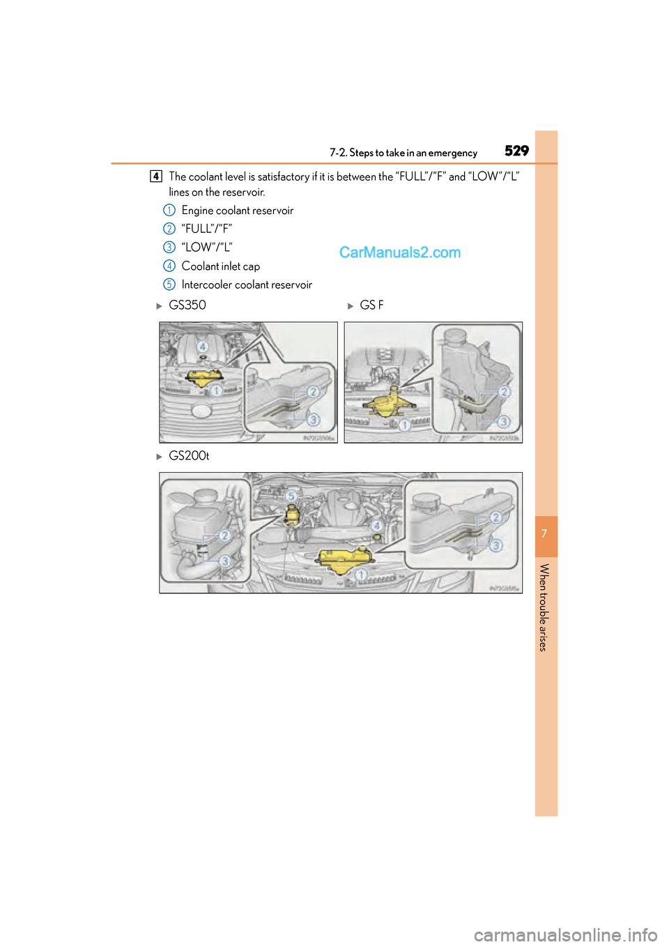 Lexus GS F 2016  Owners Manual 5297-2. Steps to take in an emergency
GS350_200t_GS F_OM_OM30E86U_(U)
7
When trouble arises
The coolant level is satisfactory if it is between the “FULL”/“F” and “LOW”/“L”
lines on the