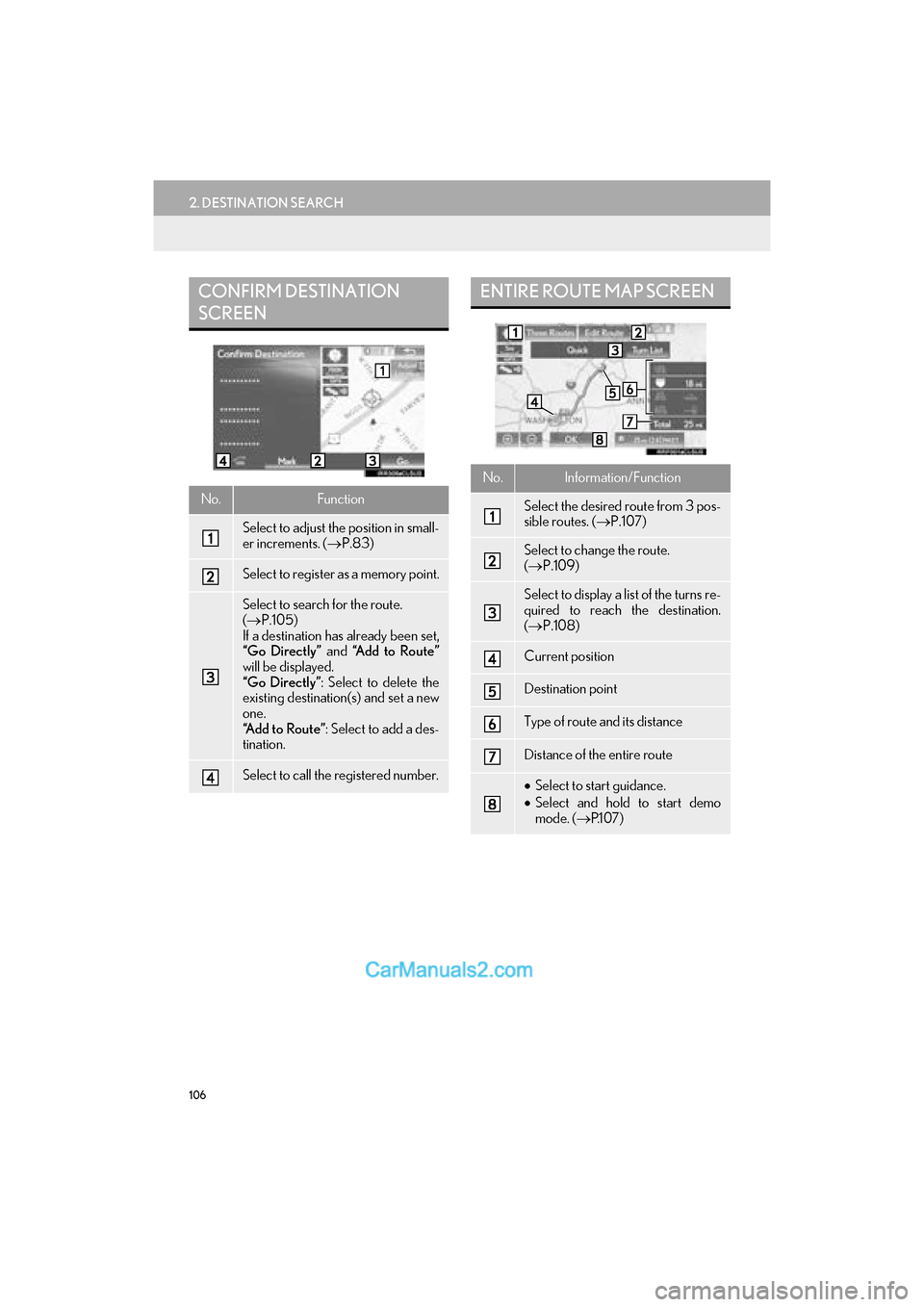 Lexus GS F 2016 Navigation Manual 106
2. DESTINATION SEARCH
GS_Navi+MM_OM30F12U_(U)15.09.01 12:22
CONFIRM DESTINATION
SCREEN
No.Function
Select to adjust the position in small-
er increments. (→P.83)
Select to register as a mem Lexus GS F 2016 Navigation Manual 106
2. DESTINATION SEARCH
GS_Navi+MM_OM30F12U_(U)15.09.01 12:22
CONFIRM DESTINATION
SCREEN
No.Function
Select to adjust the position in small-
er increments. (→P.83)
Select to register as a mem