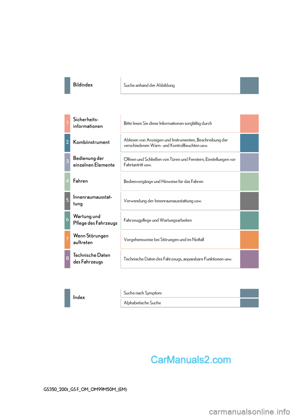 Lexus GS F 2016  Betriebsanleitung (in German) GS350_200t_GS F_OM_OM99M50M_(EM)
BildindexSuche anhand der Abbildung
1Sicherheits-
informationenBitte lesen Sie diese Informationen sorgfältig durch
2KombiinstrumentAblesen von Anzeigen und Instrumen