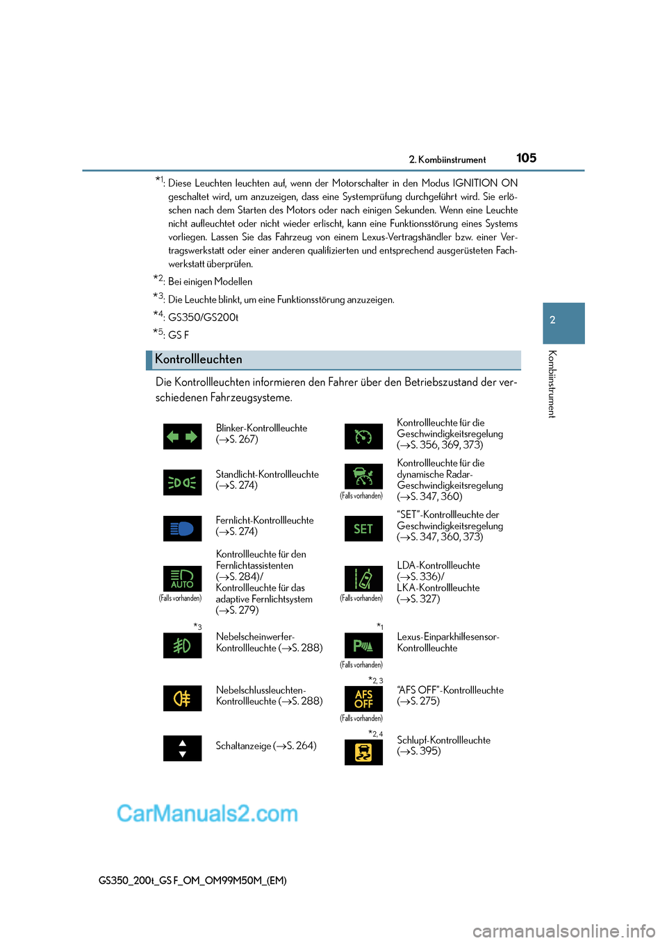 Lexus GS F 2016  Betriebsanleitung (in German) 1052. Kombiinstrument
2
Kombiinstrument
GS350_200t_GS F_OM_OM99M50M_(EM)
*1: Diese Leuchten leuchten auf, wenn der Motorschalter in den Modus IGNITION ONgeschaltet wird, um anzuzeigen, dass eine Syste