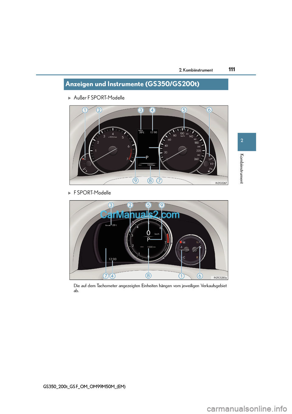 Lexus GS F 2016  Betriebsanleitung (in German) 111
2
2. Kombiinstrument
Kombiinstrument
GS350_200t_GS F_OM_OM99M50M_(EM)
Anzeigen und Instrumente (GS350/GS200t)
�XAußer F SPORT-Modelle
�XF SPORT-Modelle
Die auf dem Tachometer angezeigten Einheite