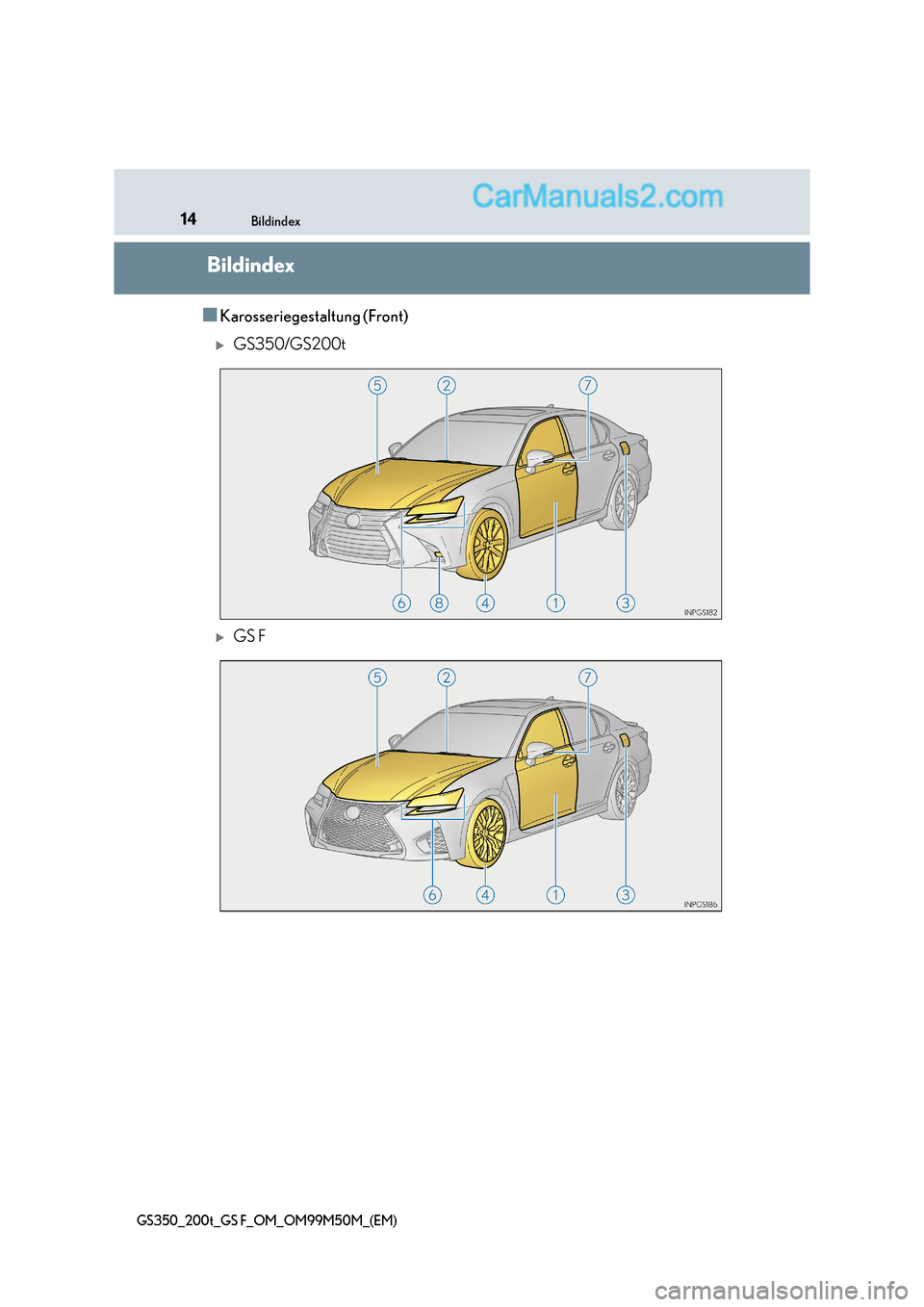 Lexus GS F 2016  Betriebsanleitung (in German) 14Bildindex
GS350_200t_GS F_OM_OM99M50M_(EM)
Bildindex
■Karosseriegestaltung (Front)
�XGS350/GS200t
�XGS F  