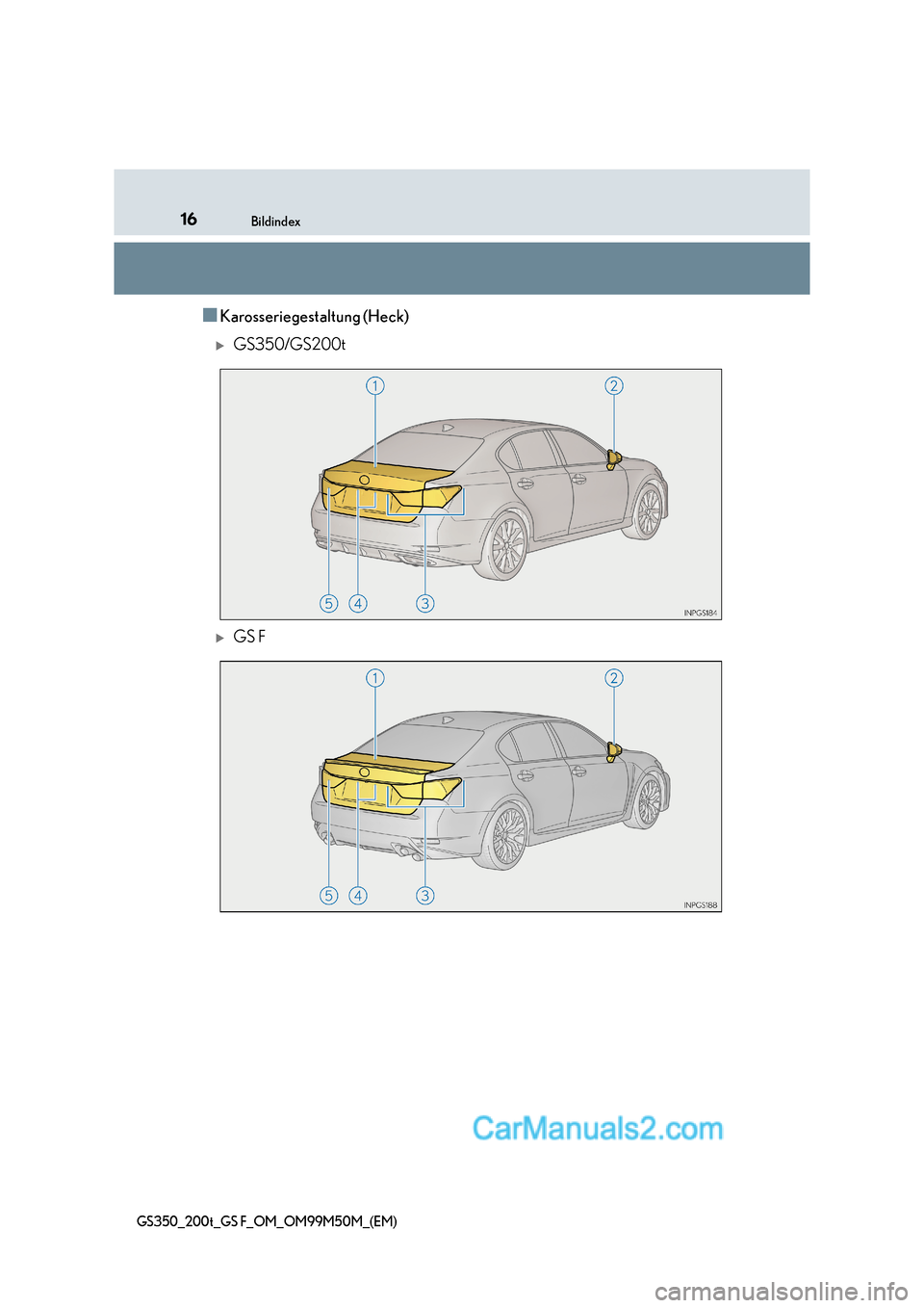 Lexus GS F 2016  Betriebsanleitung (in German) 16Bildindex
GS350_200t_GS F_OM_OM99M50M_(EM)
■Karosseriegestaltung (Heck)
�XGS350/GS200t
�XGS F  