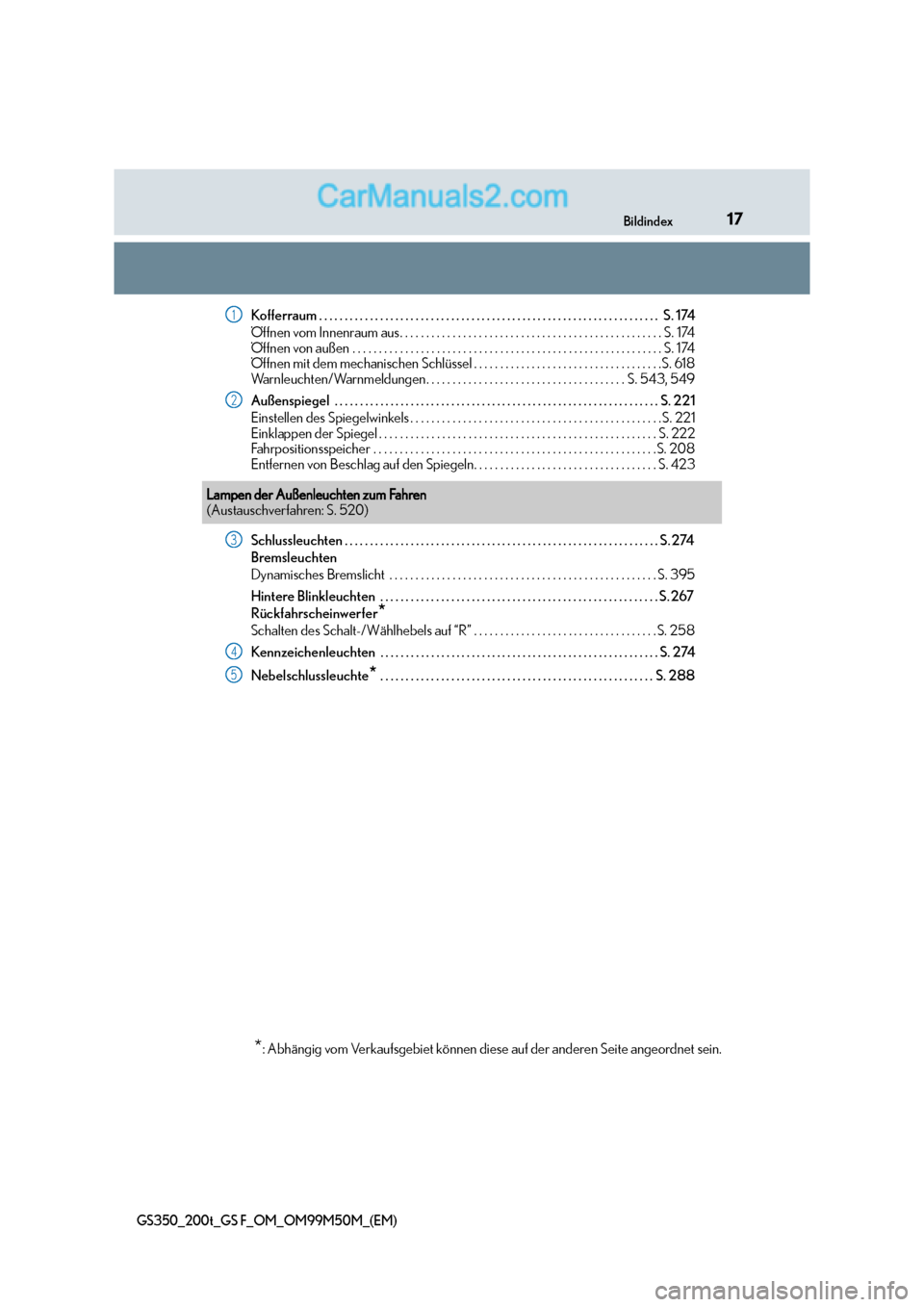 Lexus GS F 2016  Betriebsanleitung (in German) 17Bildindex
GS350_200t_GS F_OM_OM99M50M_(EM)
Kofferraum . . . . . . . . . . . . . . . . . . . . . . . . . . . . . . . . . . . . . . . . . . . . . . . . . . . . . . . . . . . . . . . . . . .  S. 174
Ö