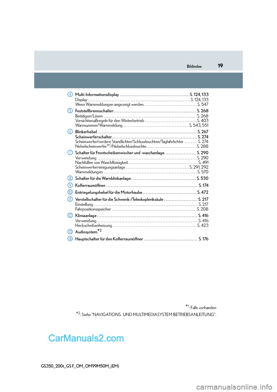 Lexus GS F 2016  Betriebsanleitung (in German) 19Bildindex
GS350_200t_GS F_OM_OM99M50M_(EM)
Multi-Informationsdisplay  . . . . . . . . . . . . . . . . . . . . . . . . . . . . . . . . . . . . . . . . . . . . . . S. 124, 133
Display . . . . . . . . 