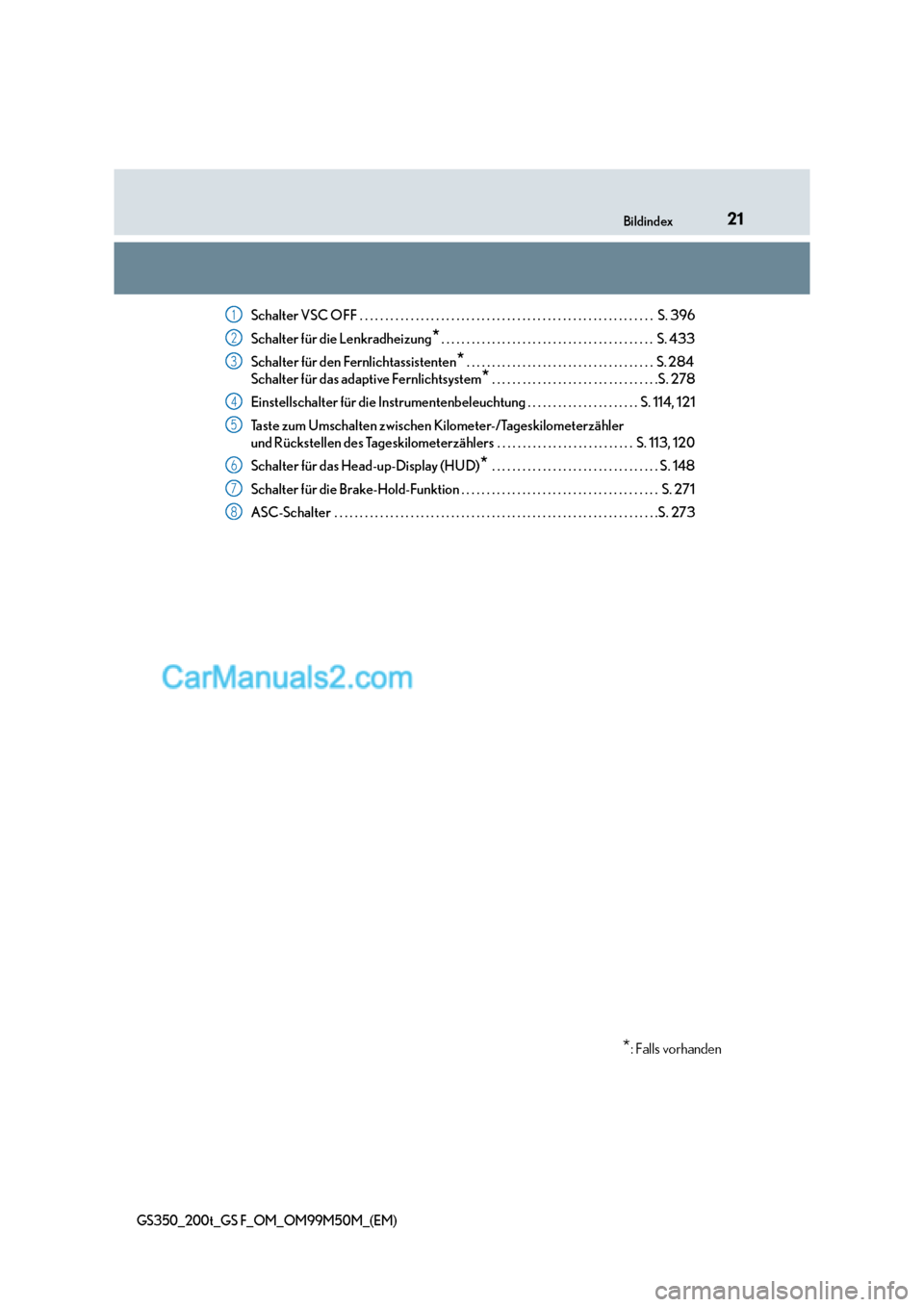 Lexus GS F 2016  Betriebsanleitung (in German) 21Bildindex
GS350_200t_GS F_OM_OM99M50M_(EM)
Schalter VSC OFF  . . . . . . . . . . . . . . . . . . . . . . . . . . . . . . . . . . . . . . . . . . . . . . . . . . . . . . . . . .  S. 396
Schalter für