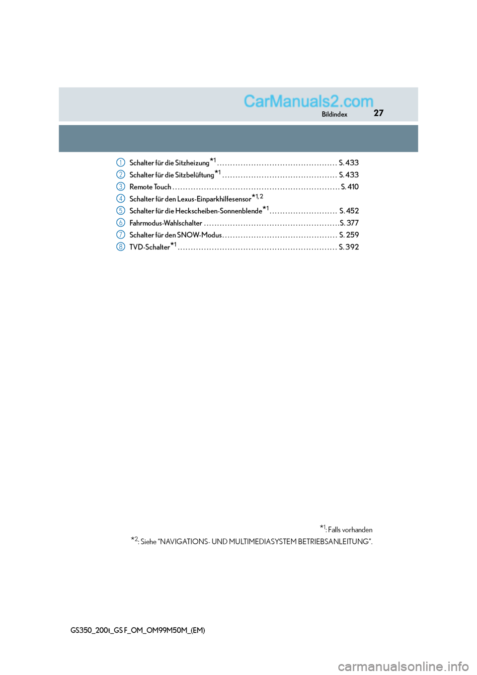 Lexus GS F 2016  Betriebsanleitung (in German) 27Bildindex
GS350_200t_GS F_OM_OM99M50M_(EM)
Schalter für die Sitzheizung*1 . . . . . . . . . . . . . . . . . . . . . . . . . . . . . . . . . . . . . . . . . . . . . .  S. 433
Schalter für die Sitzb