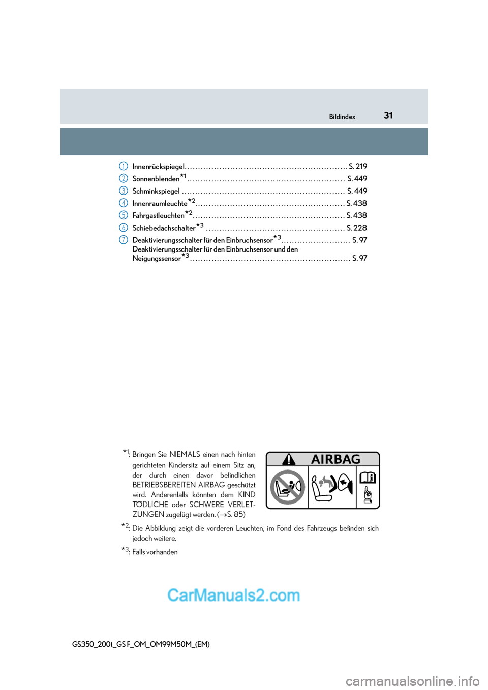 Lexus GS F 2016  Betriebsanleitung (in German) 31Bildindex
GS350_200t_GS F_OM_OM99M50M_(EM)
Innenrückspiegel. . . . . . . . . . . . . . . . . . . . . . . . . . . . . . . . . . . . . . . . . . . . . . . . . . . . . . . . . . . . . S. 219
Sonnenble