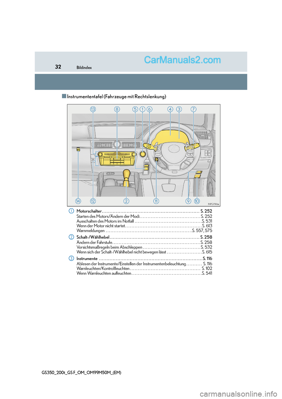 Lexus GS F 2016  Betriebsanleitung (in German) 32Bildindex
GS350_200t_GS F_OM_OM99M50M_(EM)
■Instrumententafel (Fahrzeuge mit Rechtslenkung)
Motorschalter . . . . . . . . . . . . . . . . . . . . . . . . . . . . . . . . . . . . . . . . . . . . . 