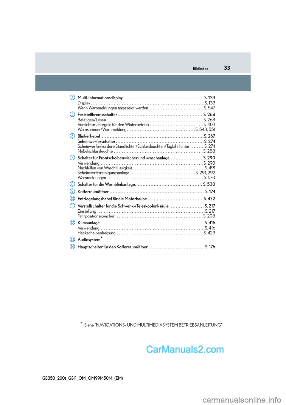 Lexus GS F 2016  Betriebsanleitung (in German) 33Bildindex
GS350_200t_GS F_OM_OM99M50M_(EM)
Multi-Informationsdisplay  . . . . . . . . . . . . . . . . . . . . . . . . . . . . . . . . . . . . . . . . . . . . . . . . . . . S. 133
Display . . . . . .