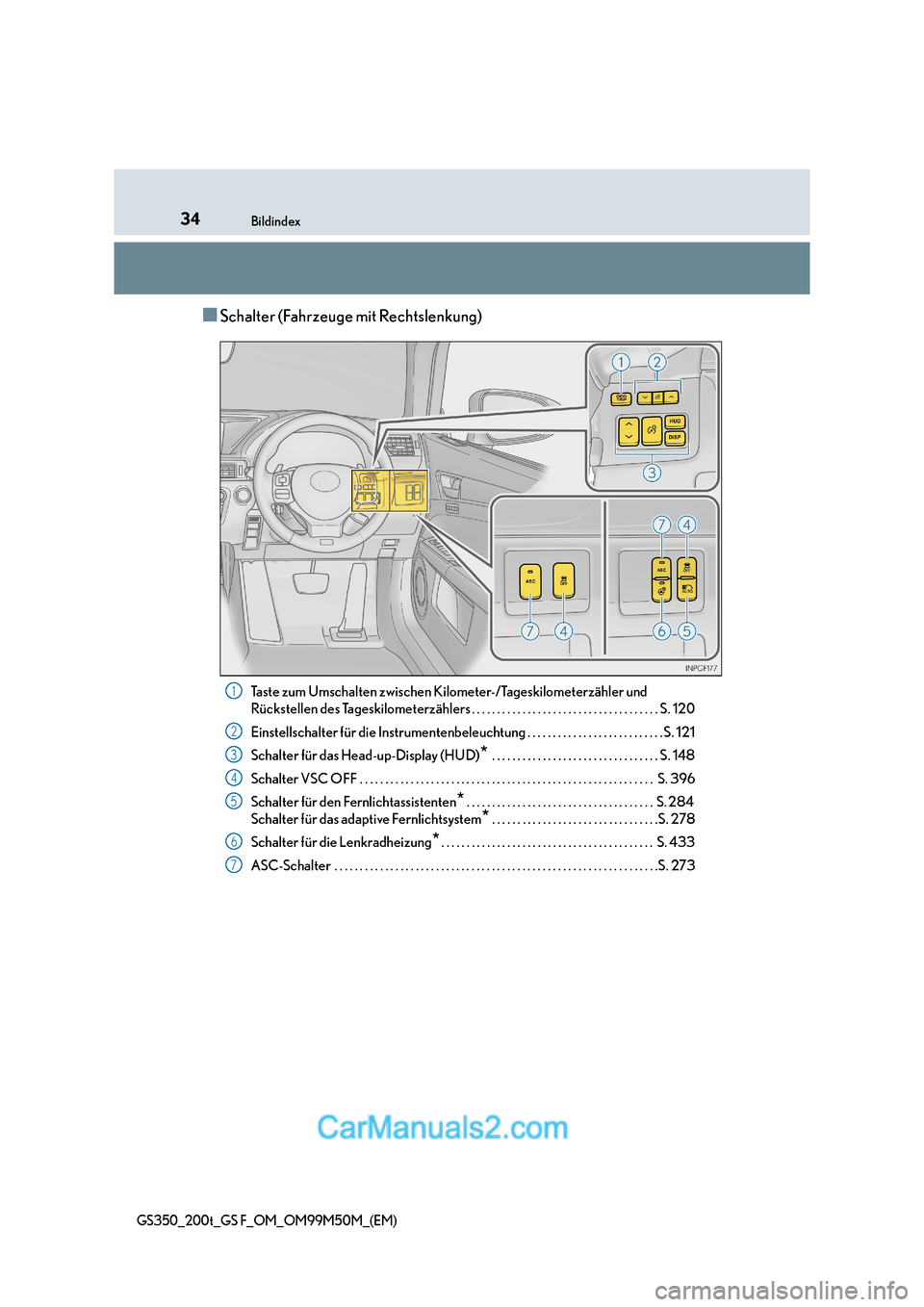 Lexus GS F 2016  Betriebsanleitung (in German) 34Bildindex
GS350_200t_GS F_OM_OM99M50M_(EM)
■Schalter (Fahrzeuge mit Rechtslenkung)
Taste zum Umschalten zwischen Kilometer-/Tageskilometerzähler und 
Rückstellen des Tageskilometerzählers . . .