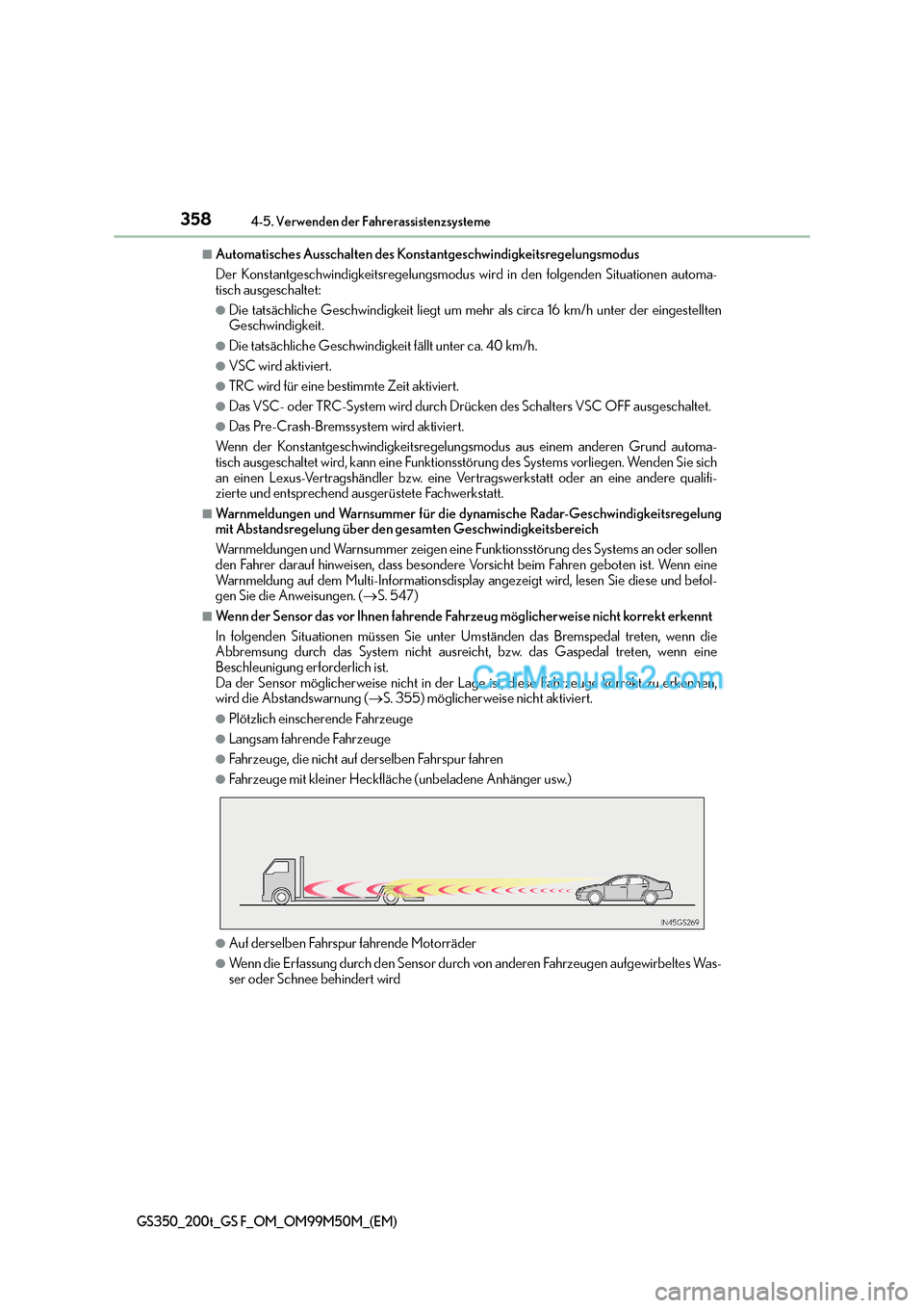 Lexus GS F 2016  Betriebsanleitung (in German) 3584-5. Verwenden der Fahrerassistenzsysteme
GS350_200t_GS F_OM_OM99M50M_(EM)
■Automatisches Ausschalten des Konstantgeschwindigkeitsregelungsmodus
Der Konstantgeschwindigkeitsregelungsmodus wird in